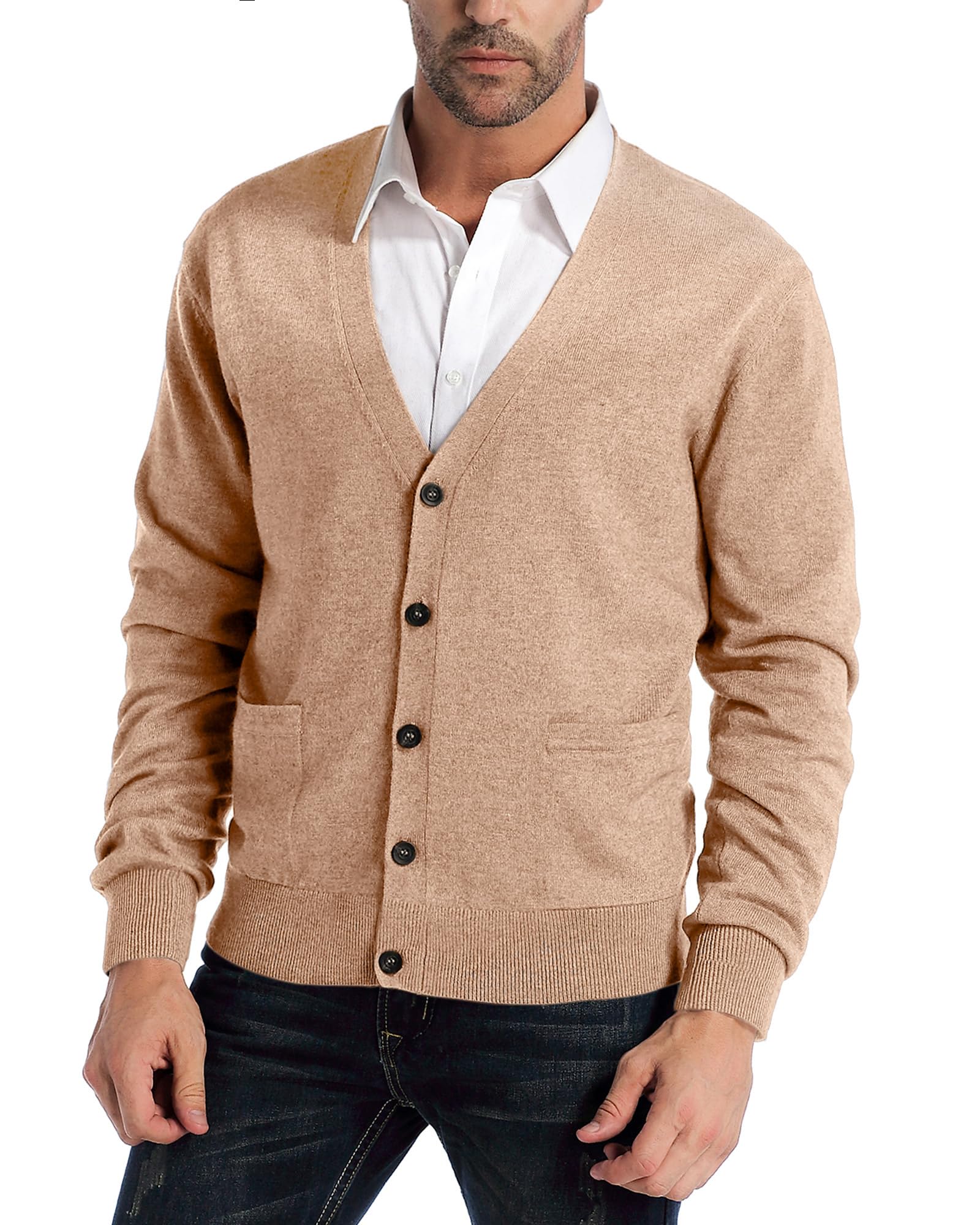 KallspinMen's Cardigan Sweaters Wool Blend V Neck Button Down Sweaters with Pockets
