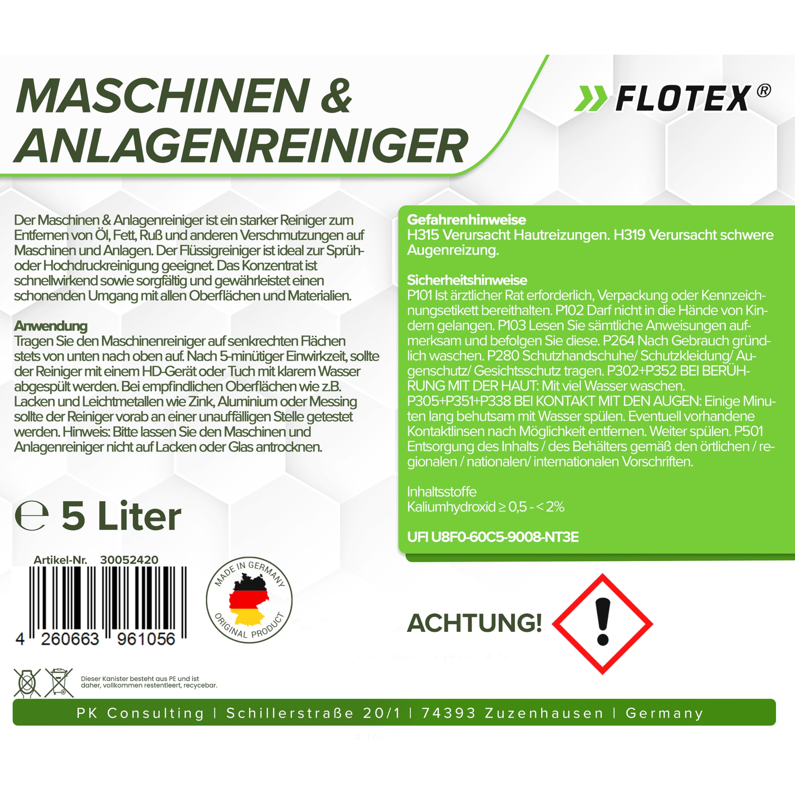 Maschinen & Anlagenreiniger Konzentrat, 4 x 5L Entfernen von Öl, Fett und Ruß auf industriellen Geräten und Anlagen