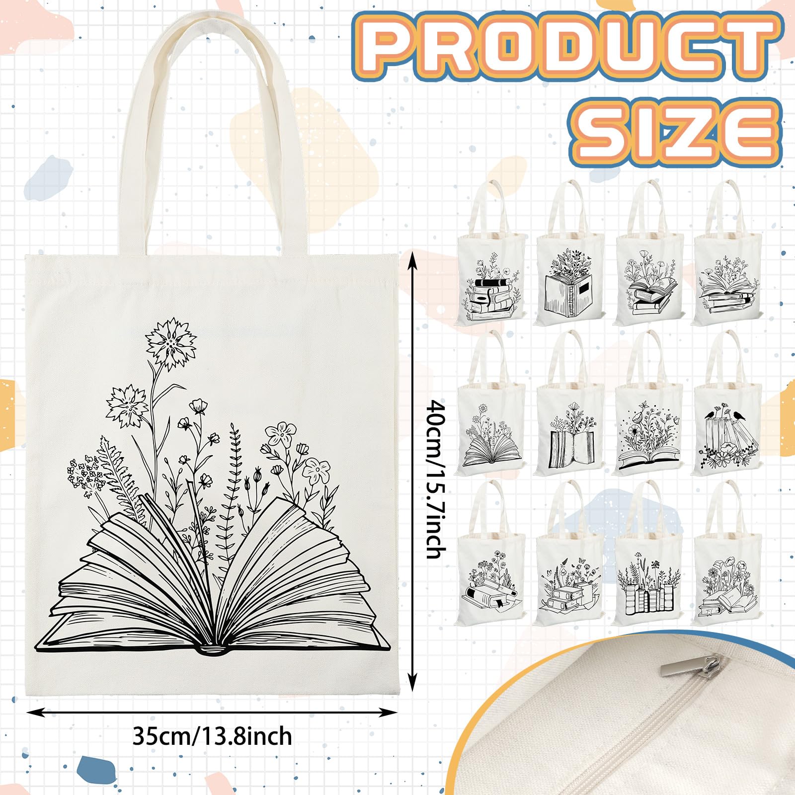 Sweetude Lot de 12 sacs fourre-tout en toile pour livres, cadeaux esthétiques, amateurs de livres, bibliothécaires, lecteurs, Principalement blanc, Large