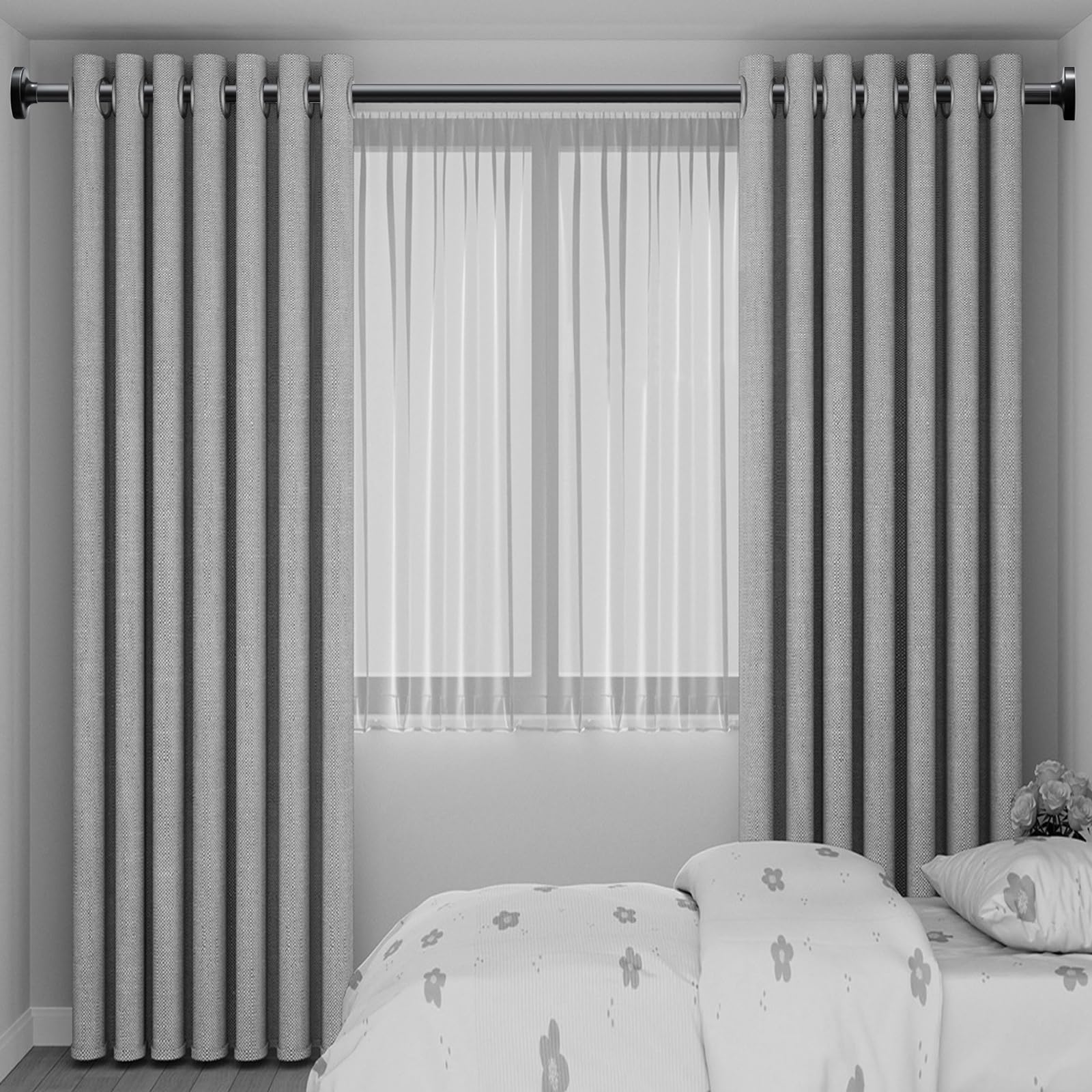 Tringle à rideaux télescopique multifonctionnelle, sans perçage, 115 à 565 cm, noir mat, extensible, extra longue, pour cloison, rideau et balcon