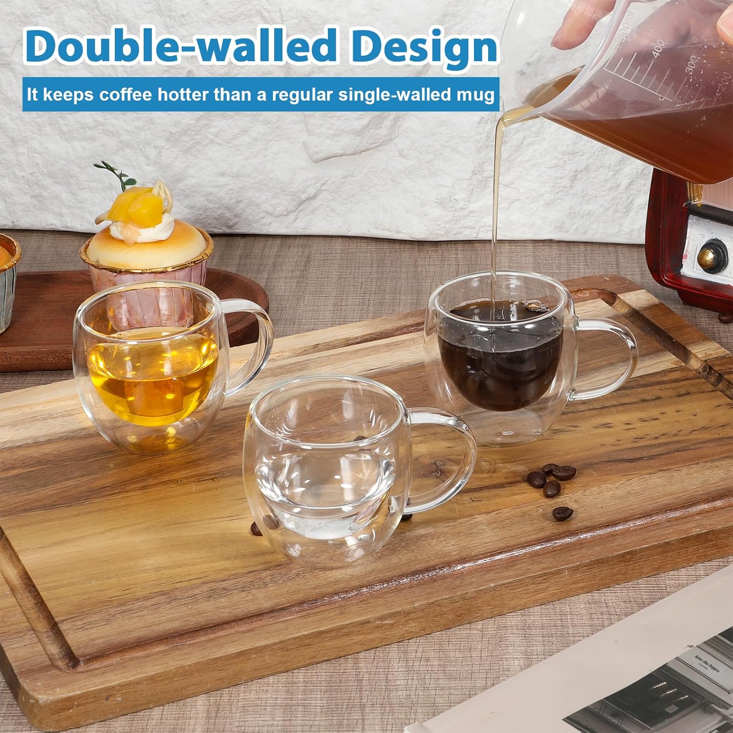 6 Pack 2.7oz Double Walled Glass Coffee Mugs with Handles, Clear Glass Coffee Mugs, Insulated Borosilicate Cups, Insulated Layer Coffees Cups for Cappuccino, Tea, Latte, Milk, Microwave Safe