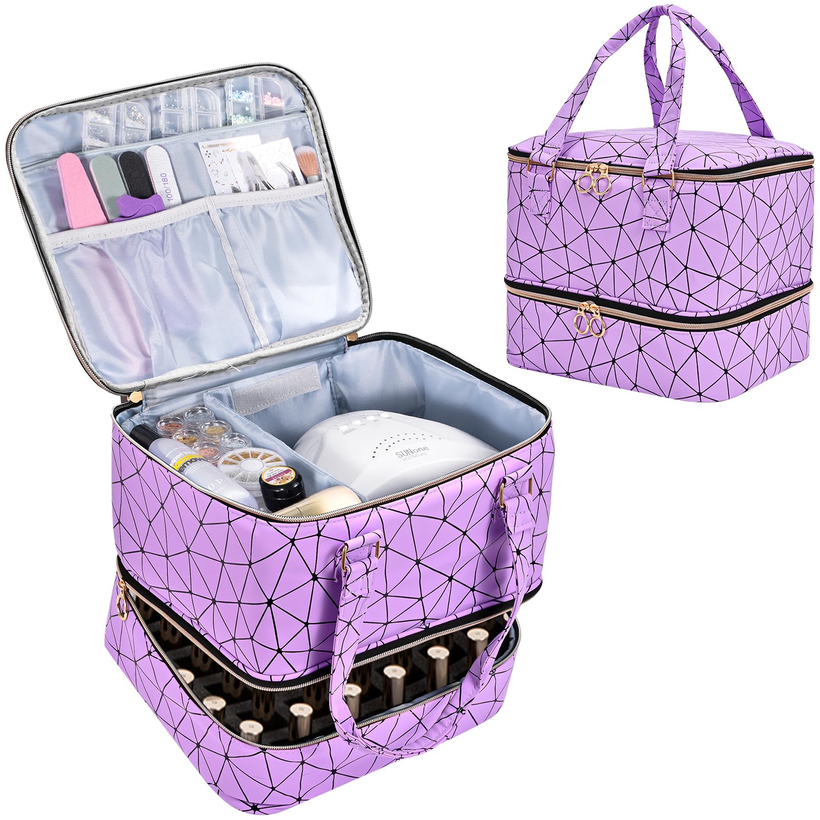 Uross Nail Polish Organizer Bag - Holds 42 Bottles & Lamp, Gel Polish Storage Box for Nail Tech Supplies Kit Case - Purple