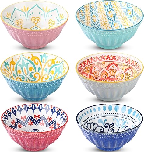 Juego de 6 cuencos de cerámica coloridos de 23 onzas, cuencos bohemios de sopa para cereales, cuencos de porcelana de 6 pulgadas para servir ramen,