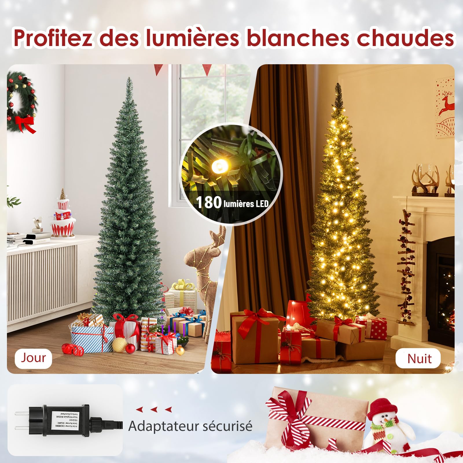 COSTWAY Sapin de Noël Artificiel de 180 cm Lumineux LED, 390 Branches, 180 lumières LED Blanc Chaud, Support en métal Pliable, décoration hivernale, pour la Maison, Le Bureau