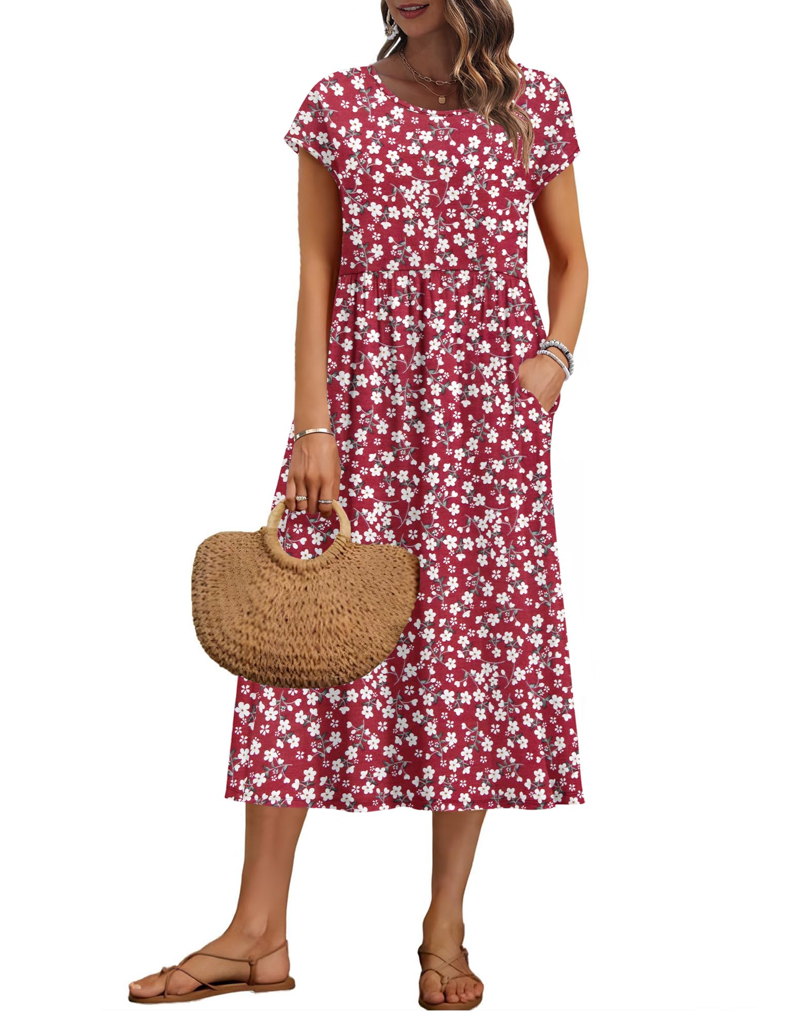 Auselily Women's Red Florals Summer Short Sleeve Knee Length Dresses Basic Shift Midi Floral Dress With Pockets, Rd S Floral S
