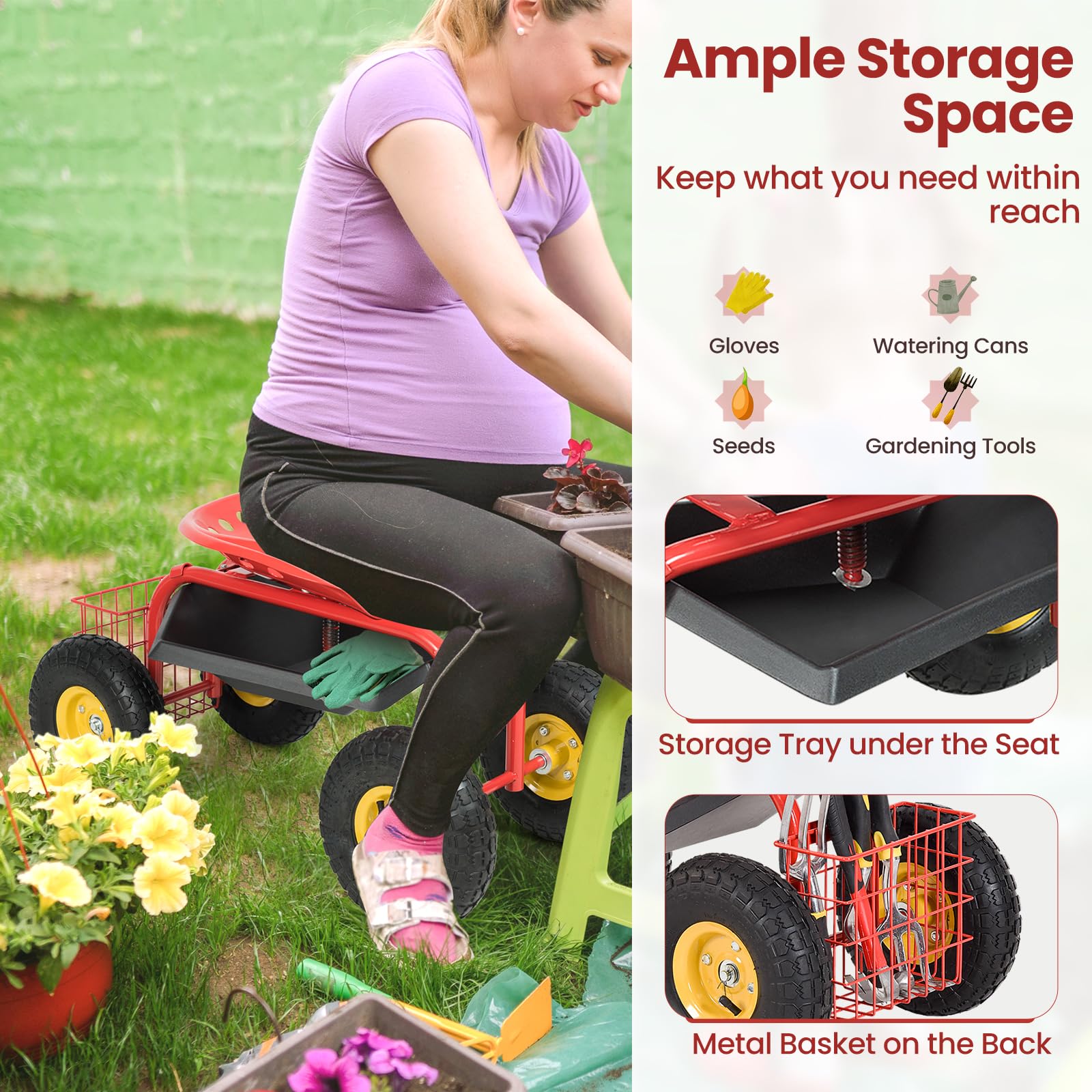 SOARS Siège Roulant de Jardin Pivotant à 360° et Réglable en Hauteur de 46 à 53 CM, Tabouret de Jardinage avec Étagère et Panier, Charge Maximale 150 KG, pour Jardinage et Entretien (Rouge)