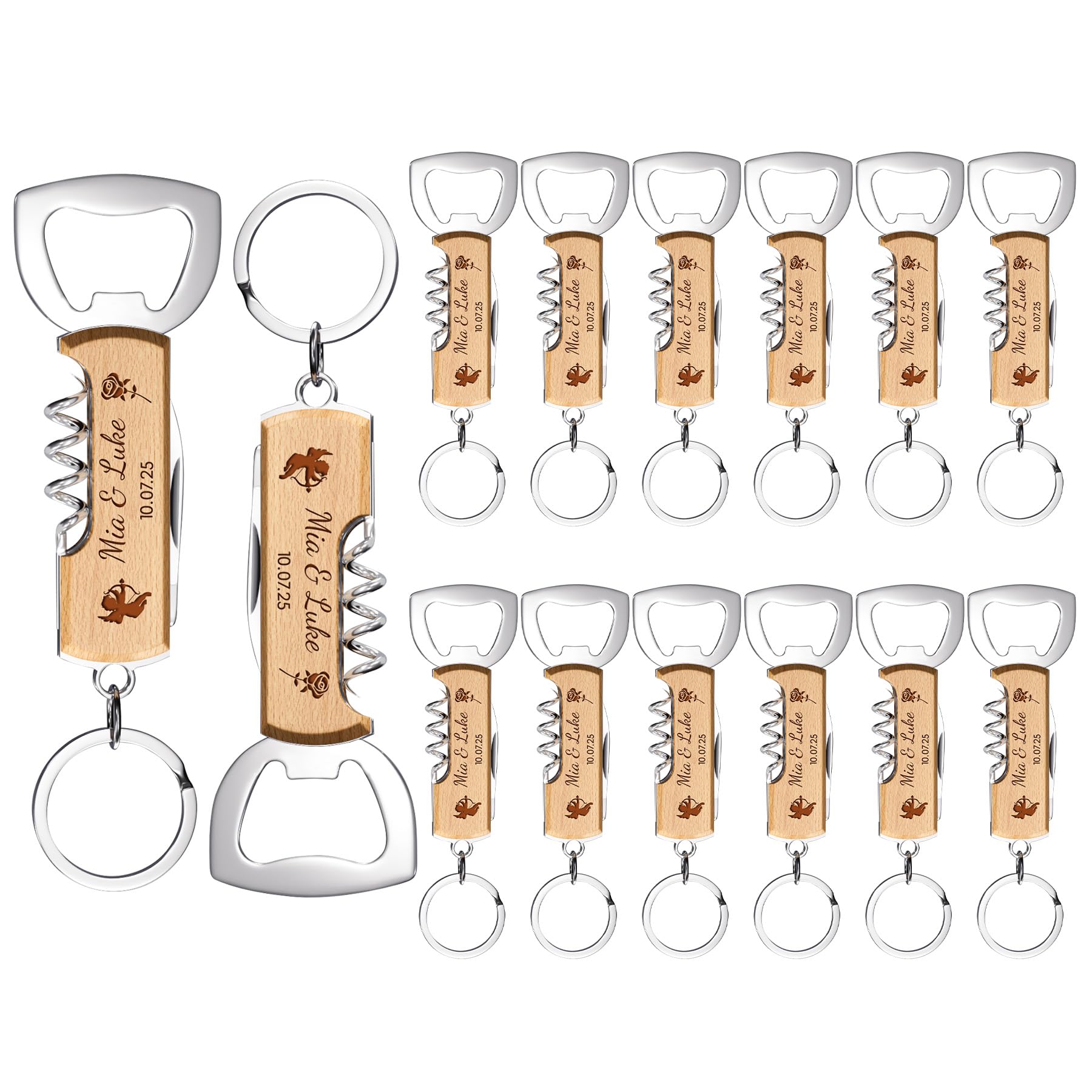 12 Pezzi Portachiavi Apribottiglie Personalizzato, Cavatappi Personalizzato in Legno, Bomboniere Matrimonio, Incisione su Entrambi i Lati con Nomi e Lloghi