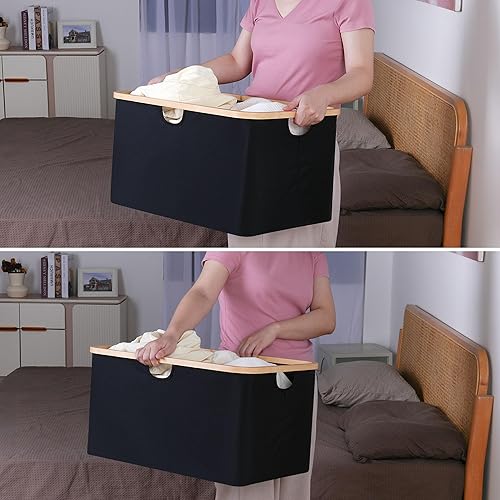 Miniatura 5 de iEGrow Contenedor de almacenamiento, cestas de almacenamiento plegables grandes con asas de bambú, almacenamiento rectangular de 63 litros para