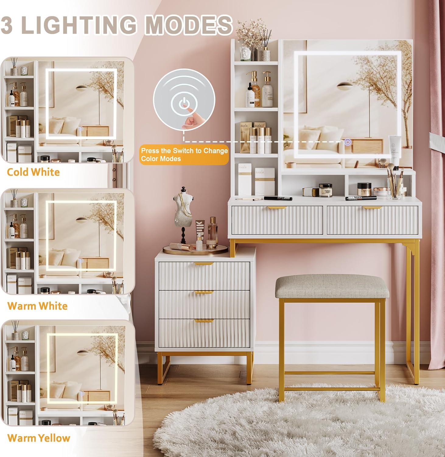 Make Up Vanity Set, Modern Make Up Table with Lighted Mirror, Side Storage Cabinet, White Vanity Desk and Stool, Small Vanity Table with Storage Shelves, Drawers for Bedroom