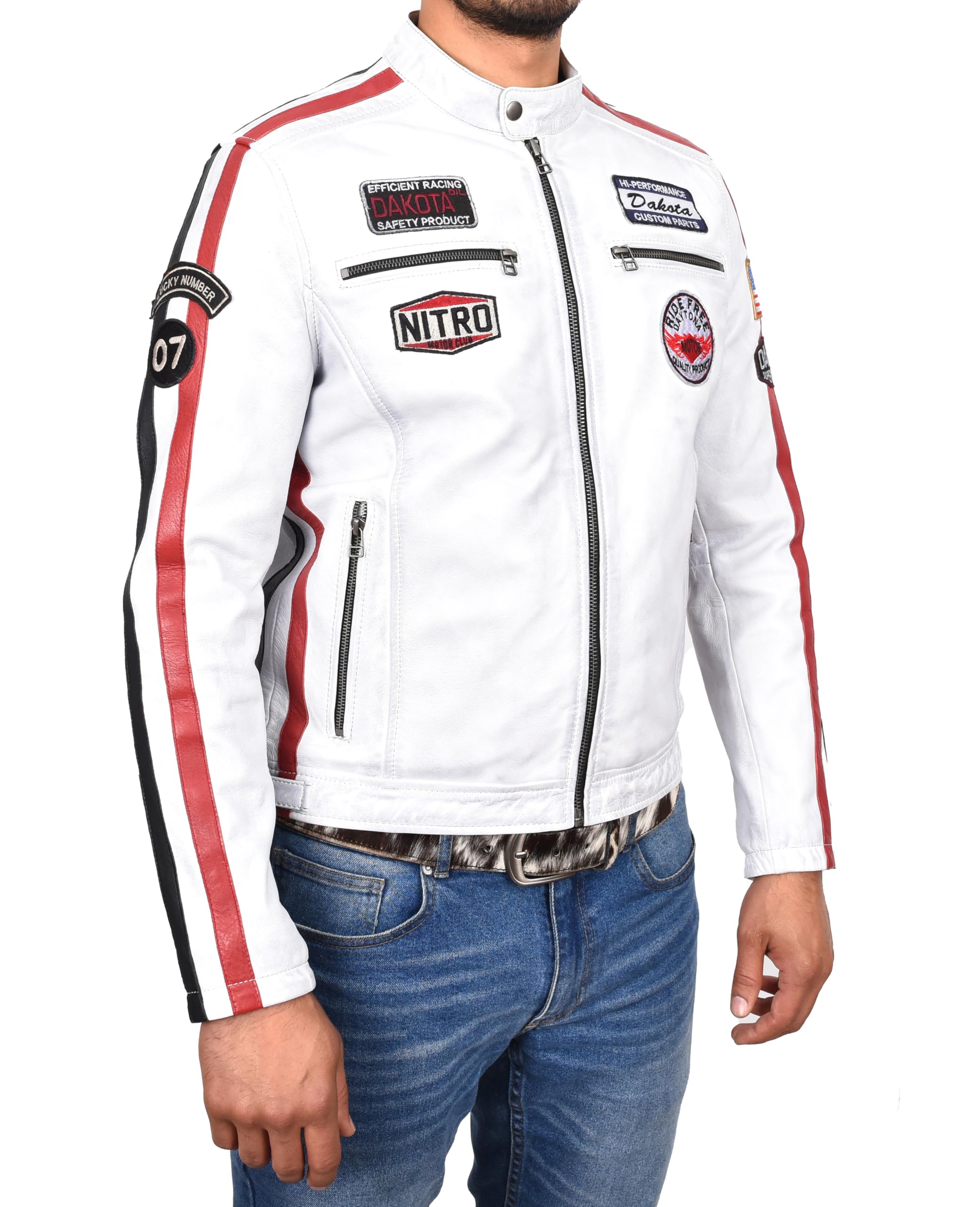 Divergent Retail Mens Real Leather Biker Jacket Motorsport Racing Style Badges Striveo White Size Large