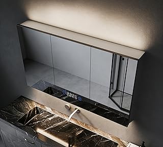 SVNR Spiegelschrank Bad 100x60x13cm Badschrank Mit 3 Glastüren, 3mm Kupferfreier Kosmetikspiegel, Verstellbare Regale, Edelstahl, Antibeschlag, Steckdose, Mit Uhr(Silber)