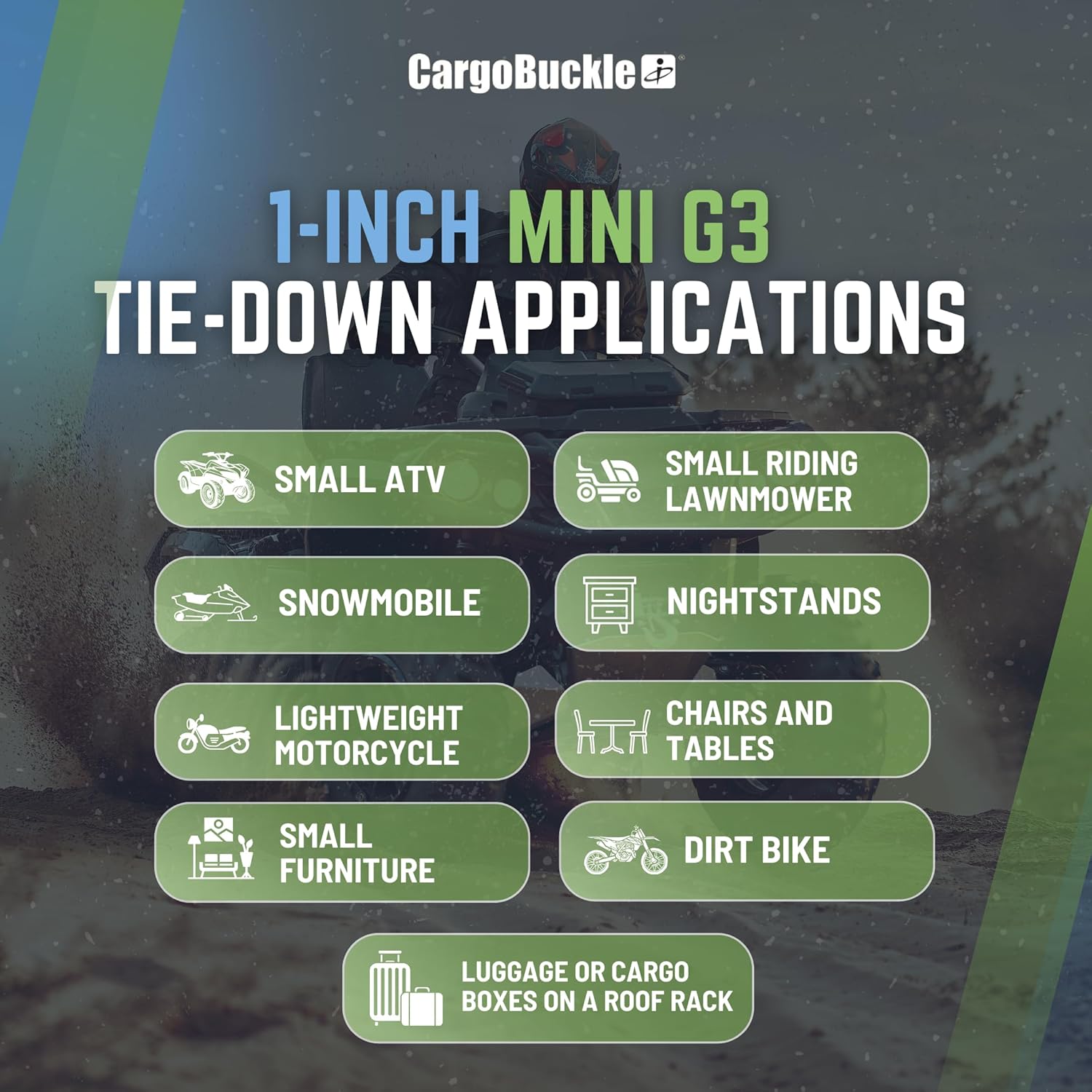 CargoBuckle Mini G3 Retractable Ratchet Straps, 1400 lbs Break Strength, 1-Inch Width X 6 ft Reach, Self Retracting Ratchet Straps for Trailers, Toy Haulers, ATVs, and Motorcycles - 2 Pack - Image 3