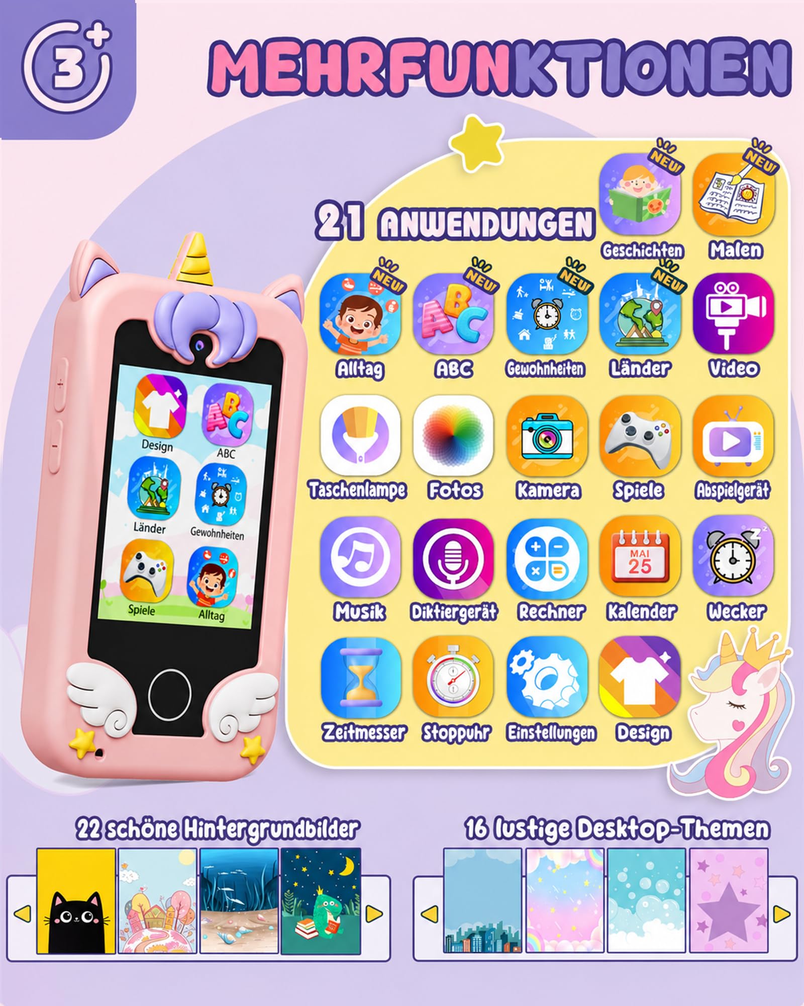UCIDCI Kinder Handy Spielzeug mit Dual-Kamera für 3-7 Jahre, Lernspielzeug & MP3-Player, Rosa