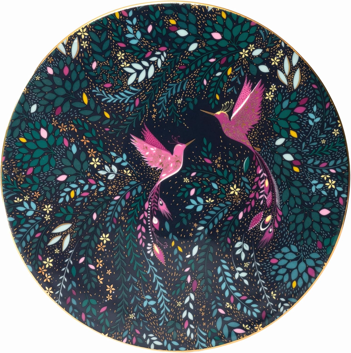 Sara Miller India Serving Plate - 9-Inch Fine China with 22-Carat Gold, Vibrant Blue Design Featuring Pink Hummingbirds - Elegant Addition to Your Tableware & Dinnerware - Great for Gifting