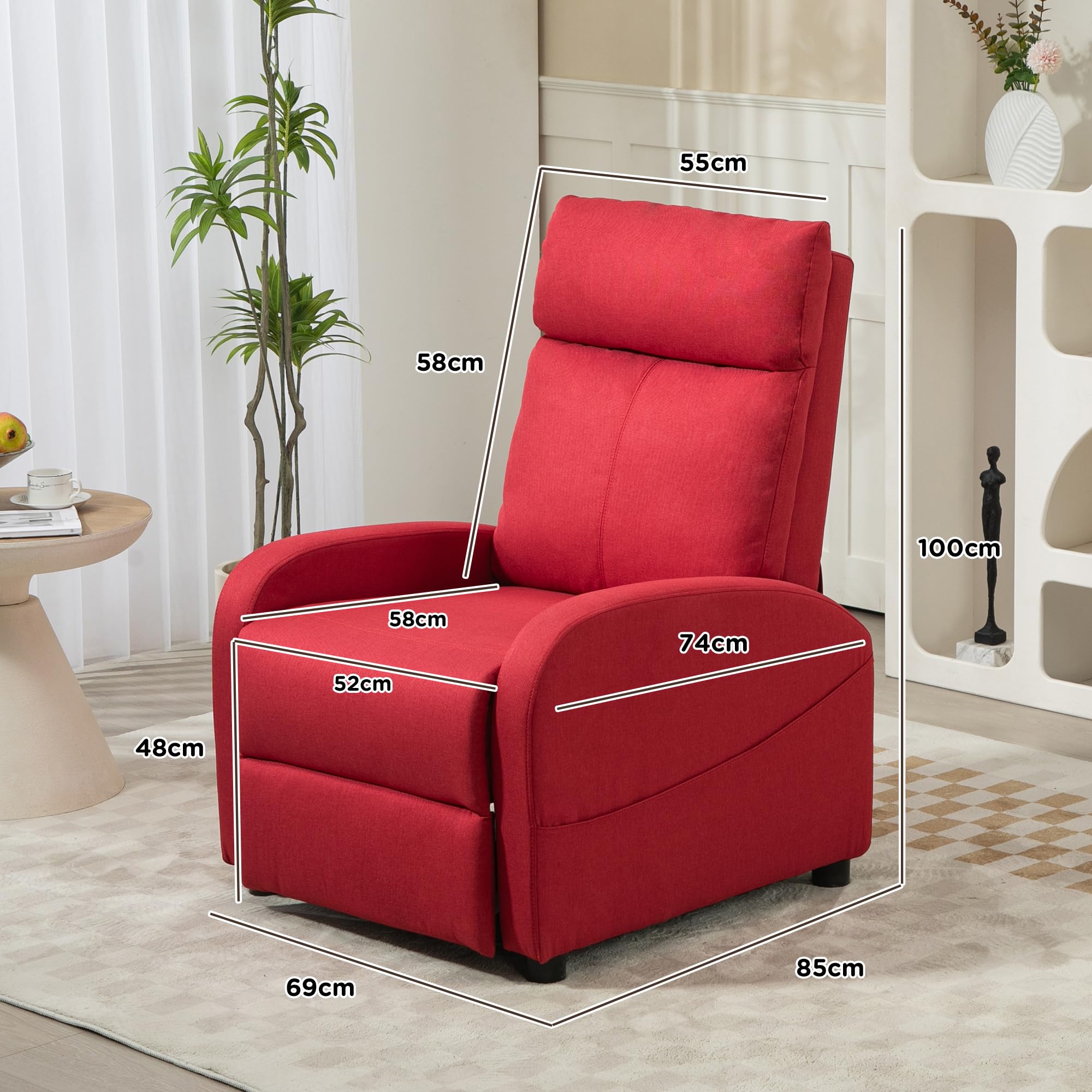 HOMCOM Poltrona Relax Reclinabile Manuale con Poggiapiedi, Poltrona Reclinabile in Tessuto Effetto Lino per Camera da Letto, Salotto e Soggiorno, Rosso