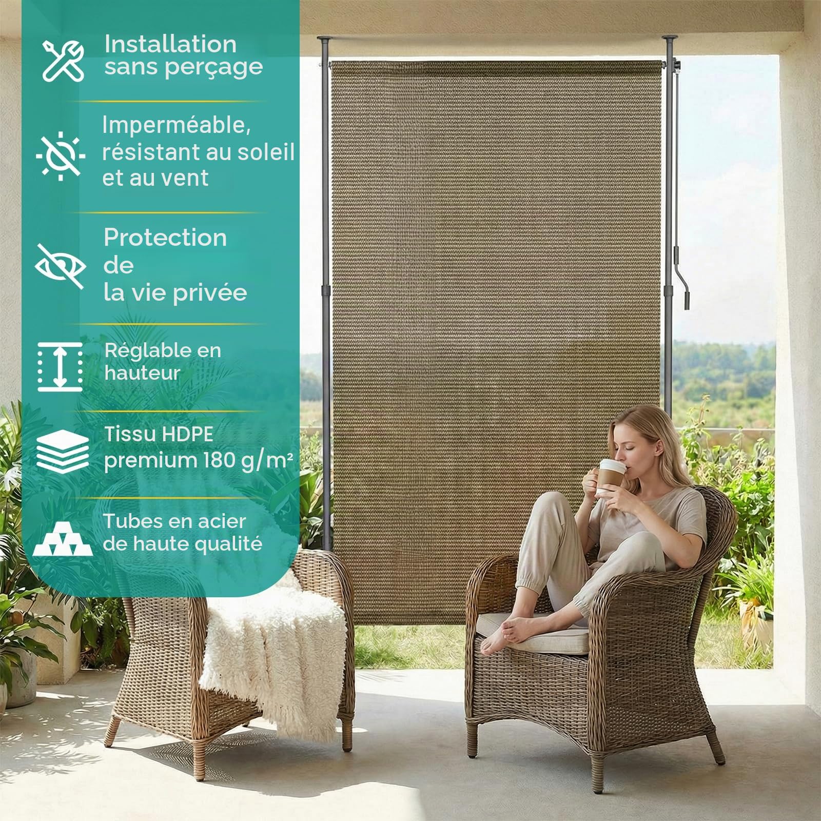 LIFERUN Store Vertical HDPE 150x310 cm Marron, Manivelle sans Perçage, Extensible Occultant, Brise-Vue, Protection Solaire, Résistant aux Intempéries pour Balcon, Terrasse, Jardin