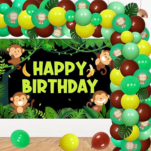 Decoraciones de fiesta de cumpleaños de mono, kit de arco de guirnalda de globos de safari de selva con fondo de feliz cumpleaños, globos de papel