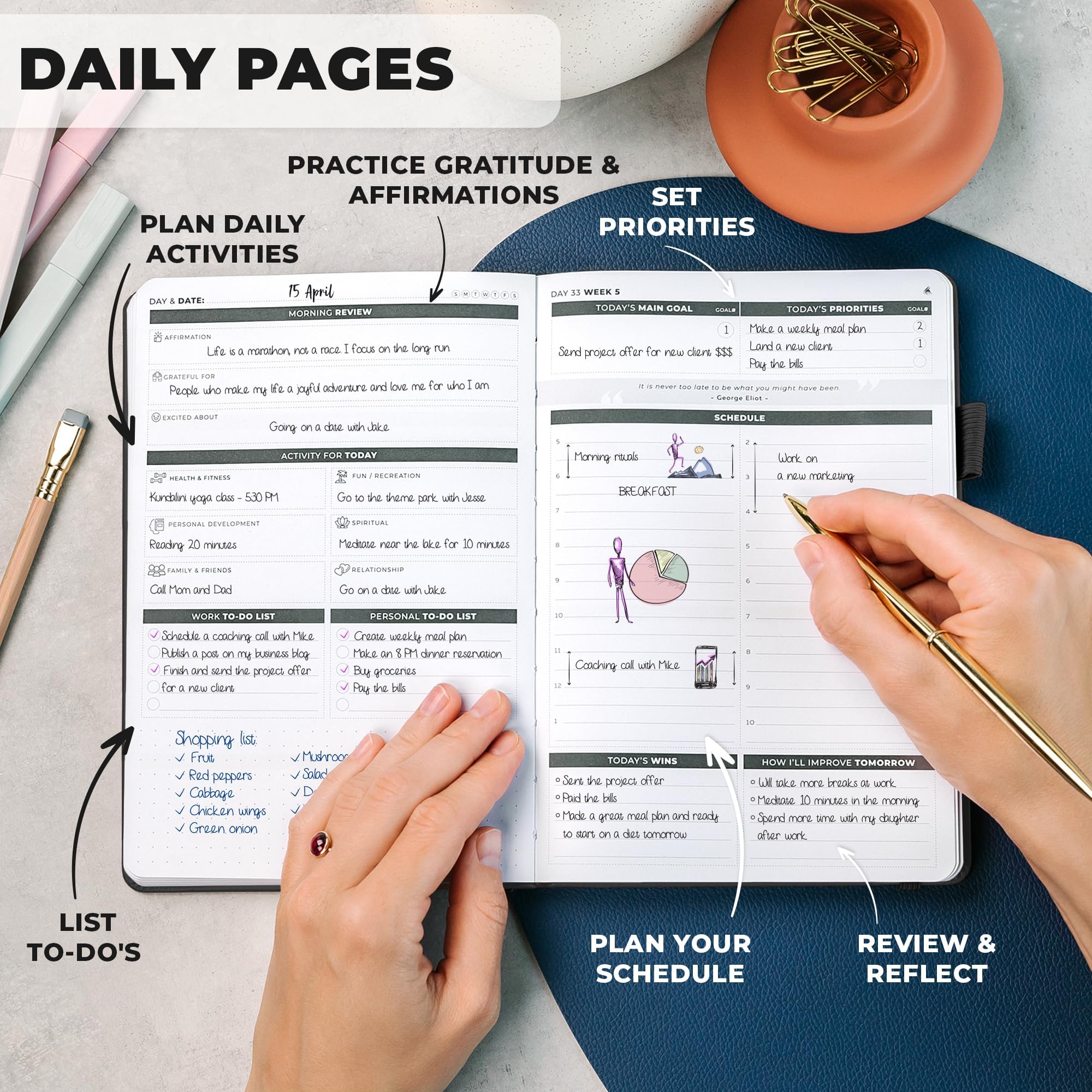 Clever Fox Planificador de objetivos de Ultimate Achiever's – Focus & Productividad, 90 días diario semanal mensual planificador diario y agenda horaria – Sin fecha, tapa dura, tamaño A5, negro ónix