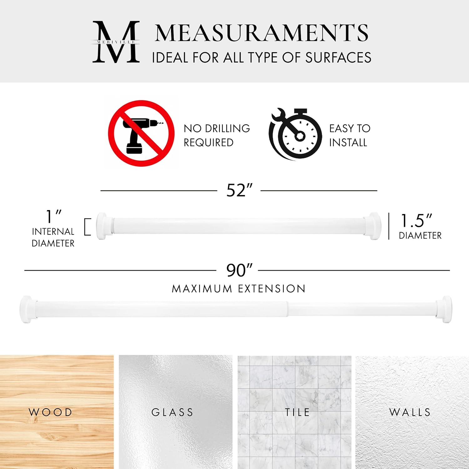 Meriville 1-inch Diameter Metal Spring Tension Rod, Closet Rod, Tension Curtain Rod, Shower Curtain Rod, Adjustable Length 52-inch to 90-inch, Off White