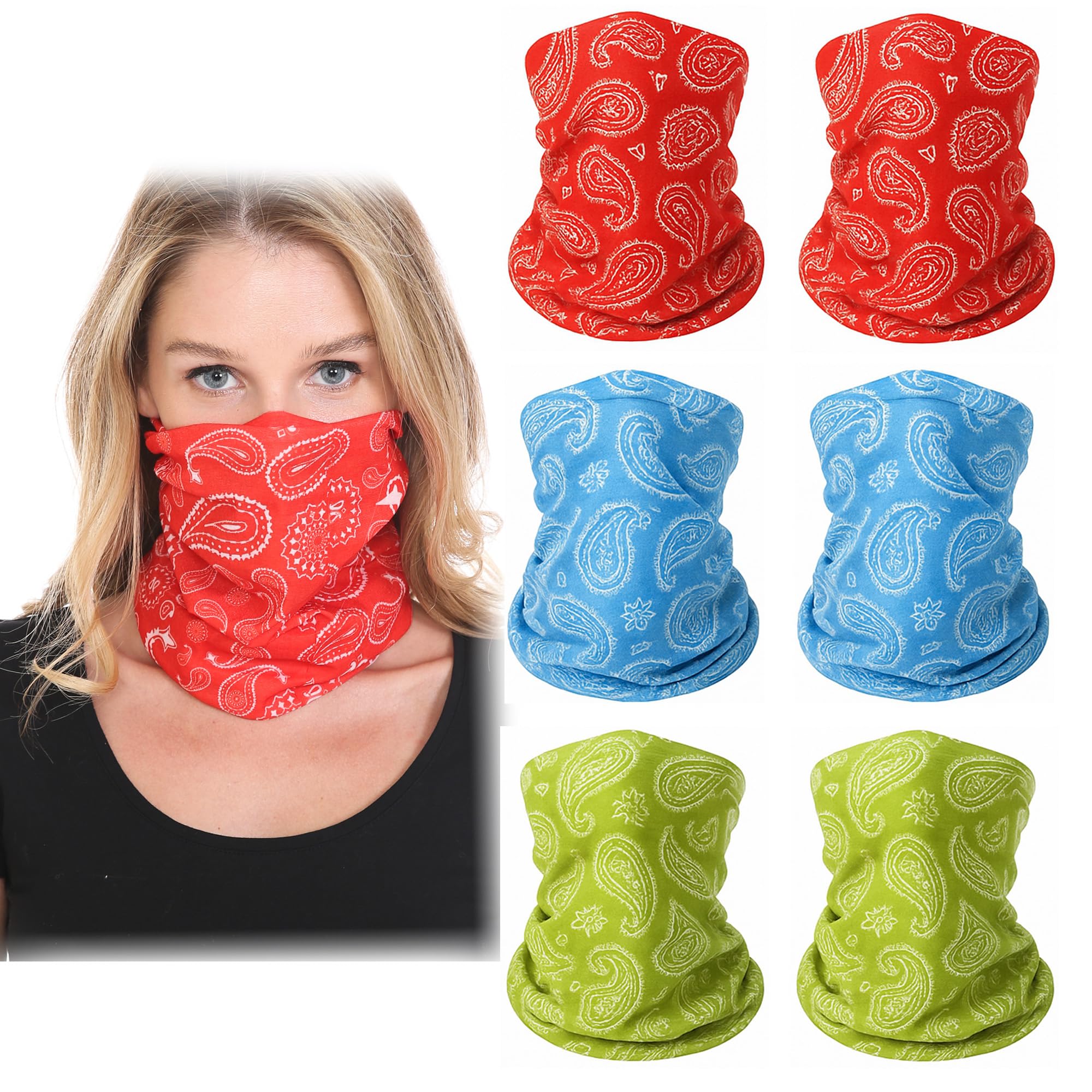 Triple9-6 Pack Neck Gaiter, Balaclava Cooling Breathable Face Mask UV Protection Scarf Hiking Bandana for Men/Women (6PK Red Paisley)