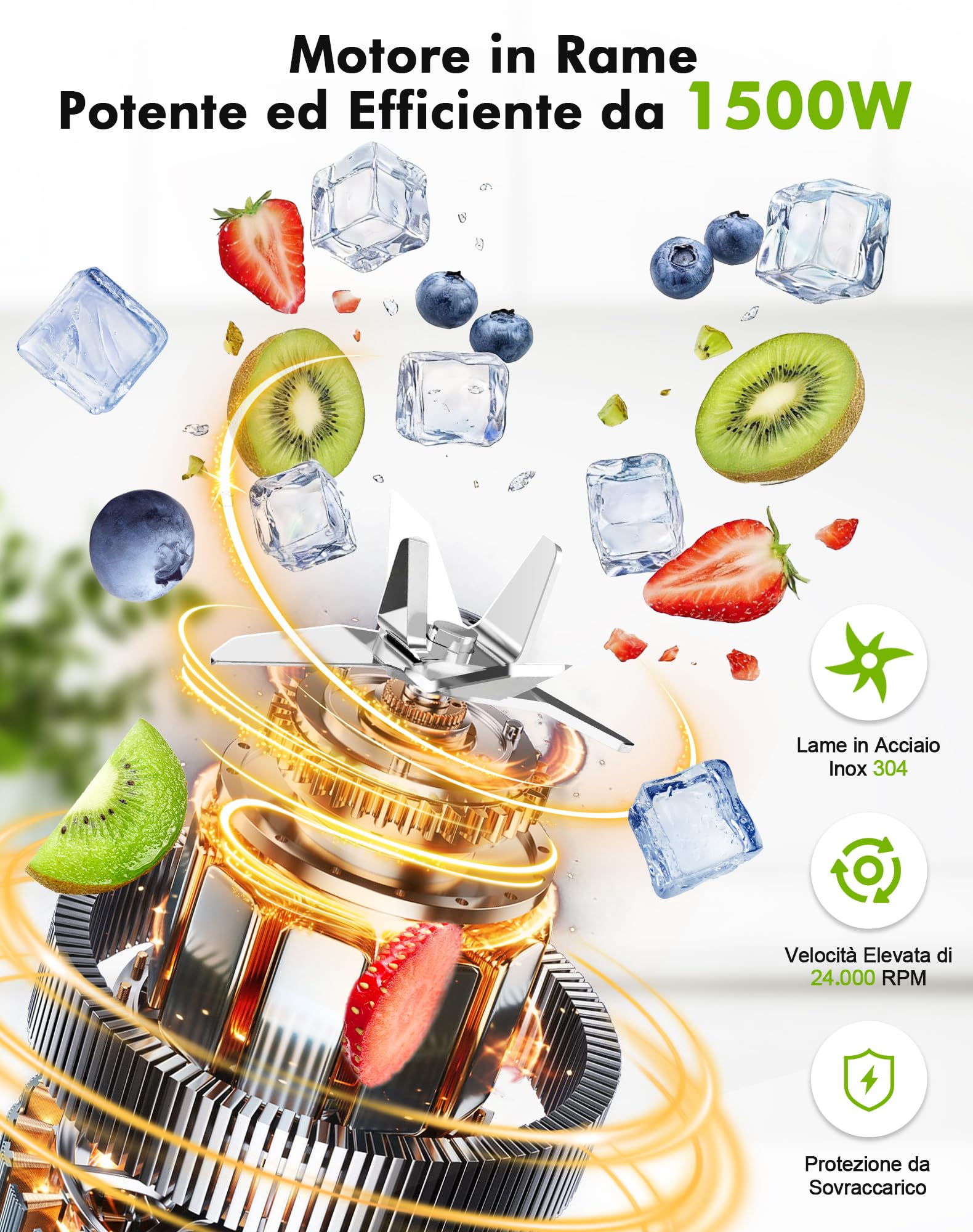 Frullatore, 1500W Elettrico Frullatore Smoothie con Caraffa in Vetro da 1,5L e Bottiglie Portatili 600ml, Velocità Regolabile, Lama in Acciaio Inox per Gelato, Frutta, Verdura