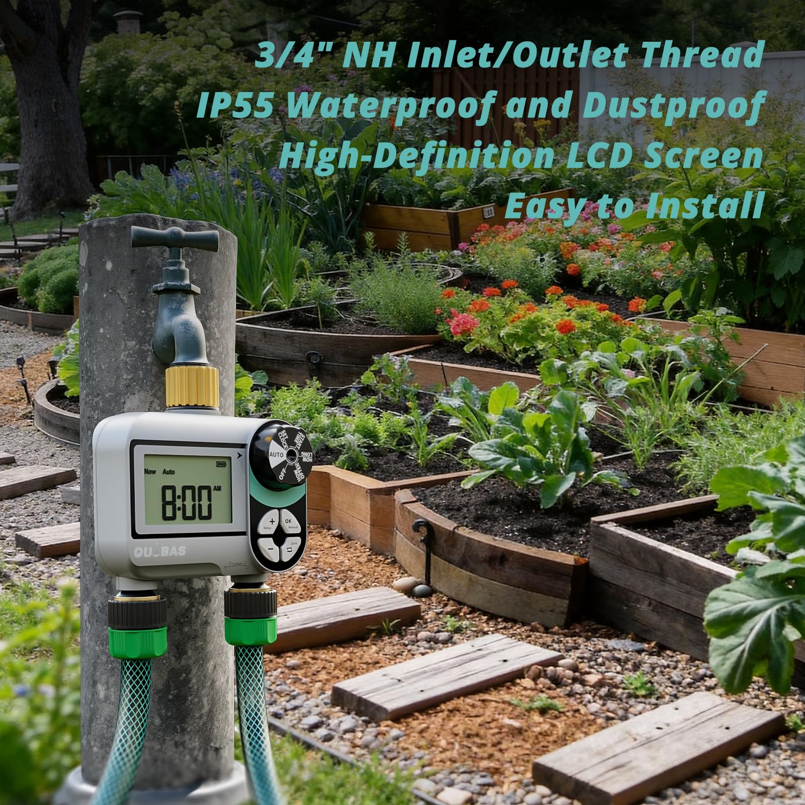 QUOBAS Timer per irrigatore per tubo da giardino, programmabile in ottone, timer digitale dell'acqua con ritardo pioggia/auto/manuale 3 modalità, piscina, irrigazione a goccia, schermo impermeabile