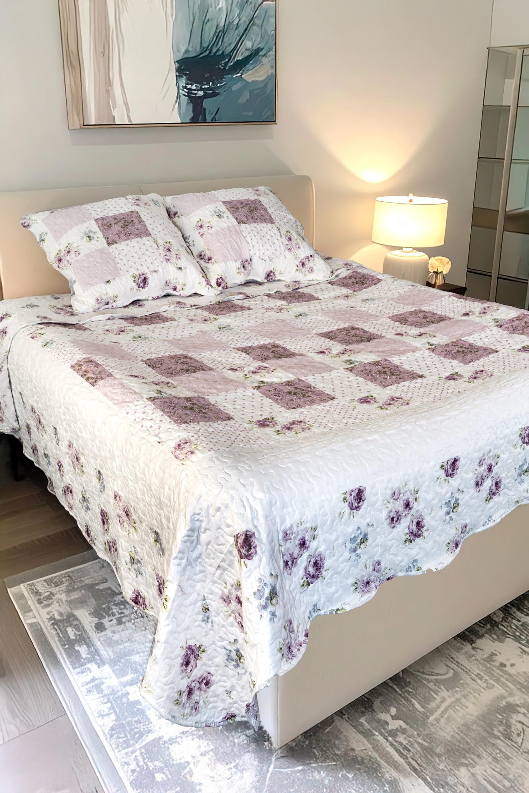 Mimosa Parme Boutis Patchwork 230x250 cm avec 2 Taies d'oreiller 65x65 cm, Couvre-lit Matelassé 2 Personnes, Dessus de lit Fleurs