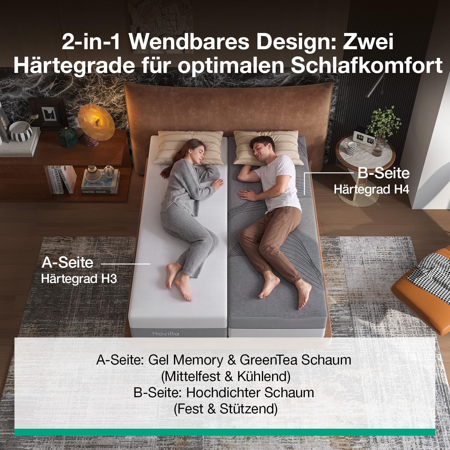 Novilla Matratze 140x200 cm, 2 in 1 Härtegrade H3 & H4, Kühlende & atmungsaktive 9-Zonen-Schaummatratze, atmungsaktiv & temperaturregulierend Kaltschaummatratze, Öko-Tex Zertifiziert, Höhe 25cm