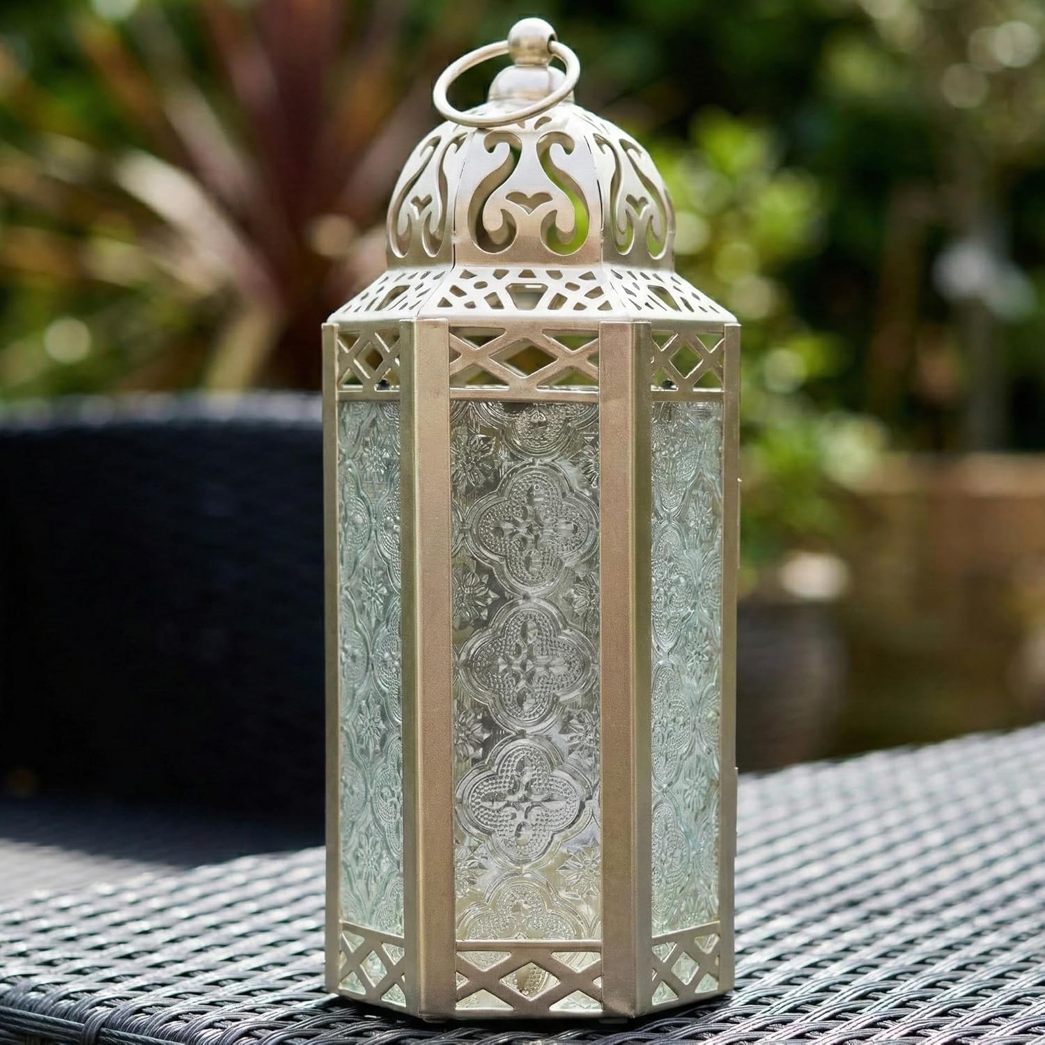 VELA LANTERNS 10.5" White Gold Moroccan Candle Lantern Decorative Candle Holder Lamp for Table or Hanging, Ramadan Decorations, Indoor Home Decor, Outdoor Patio or Porch, Weddings, Medium
