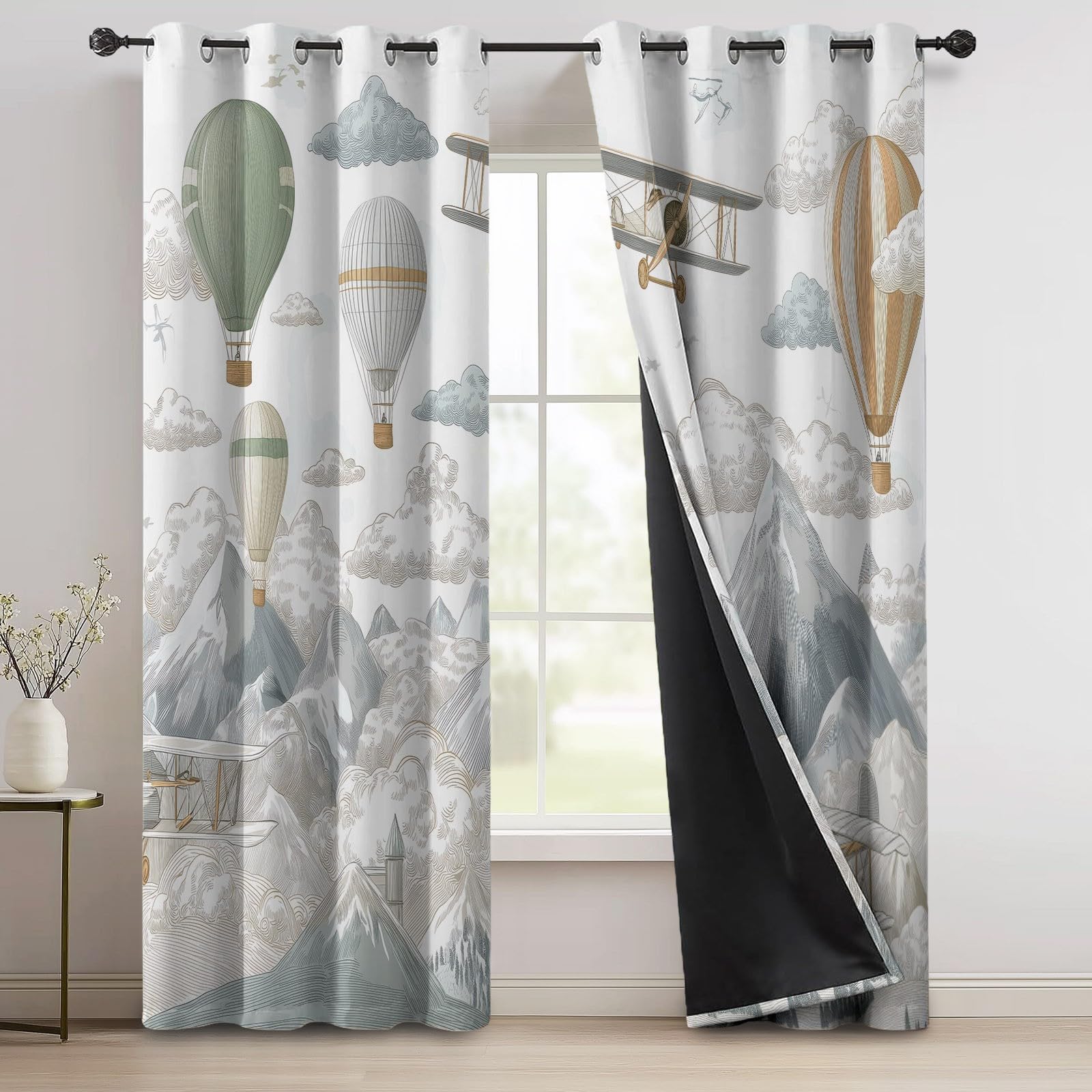 Decorative Ring Top Curtains W 46" x L 72" (2 Panels), Cartoon Hot Air Balloon Mountain Peak Design, Thermal Window Drapes for Guest Bed and Study, Grey