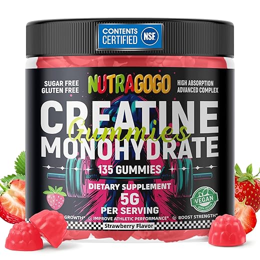 NSF Certified Creatine Gummy - Creatine Monohydrate Gummies for Men & Women-5g of Creatine Monohydrate per Serving - Sugar Free,Vegan, Strawberry Electrolyte Chews, 135 Count