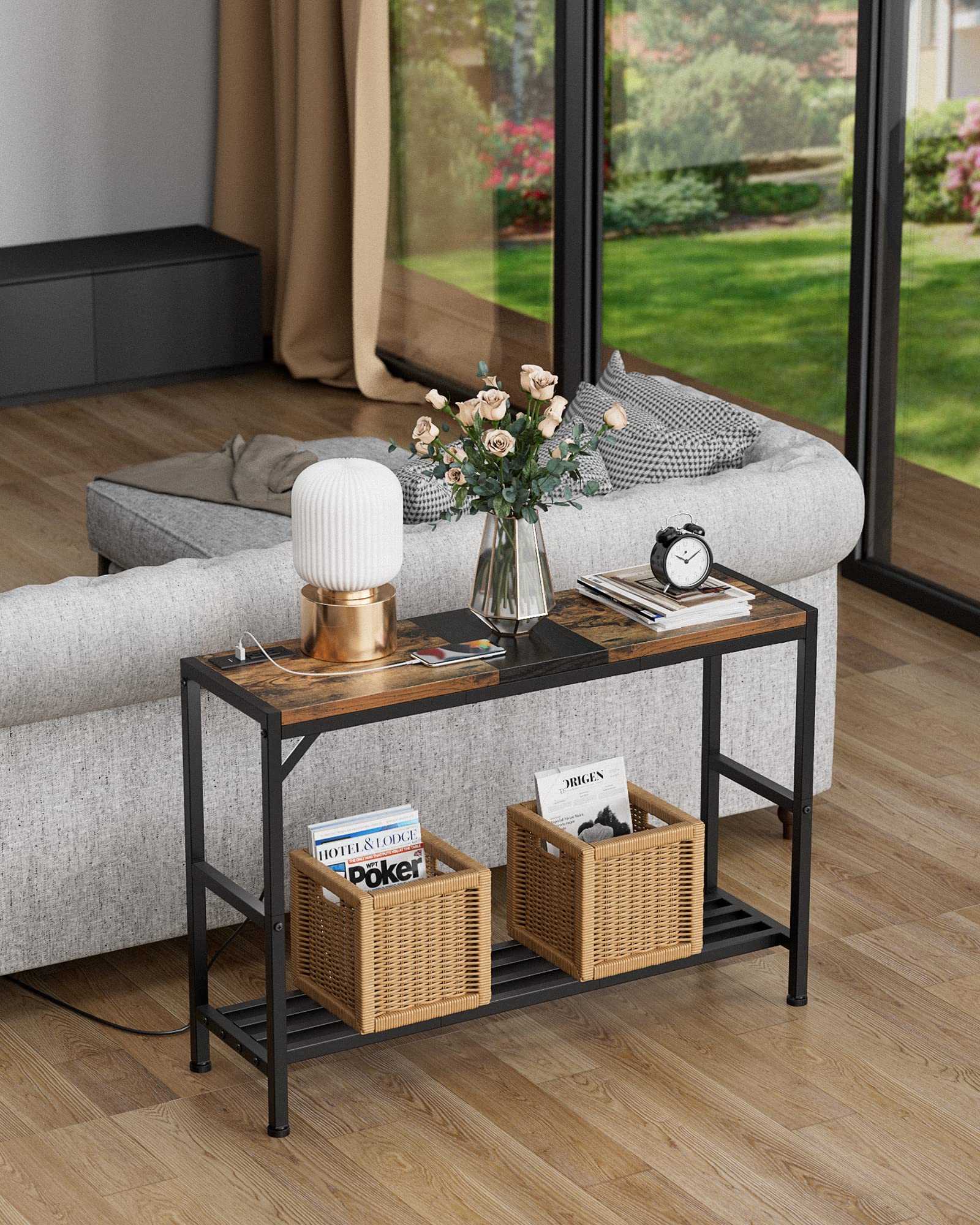 Egepon Console Table Sofa Table with Power Outlet, 41.3" Entryway Table with Shelves, Entrance Table for Entryway, Living Room, Foyer, Corridor, Front Hall, Coffee Bar, Kitchen, Rustic Brown and Black