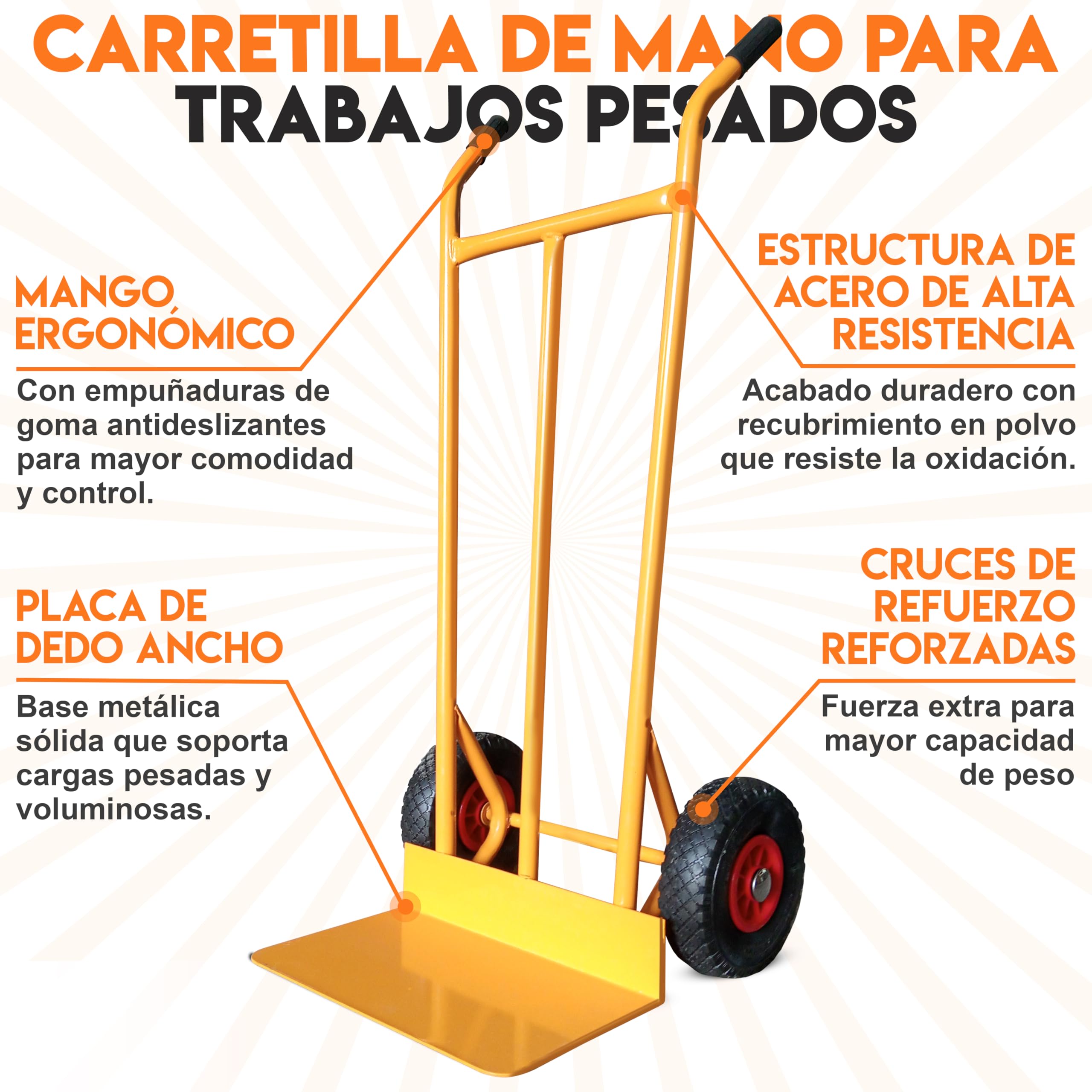Carretilla de Mano 300 kg Industrial con Estructura de Acero y Ruedas reforzadas neumaticos hinchables Carro de Reparto Carga Cajas almacen Muebles Jardin y Obras Carrillo de Seguridad