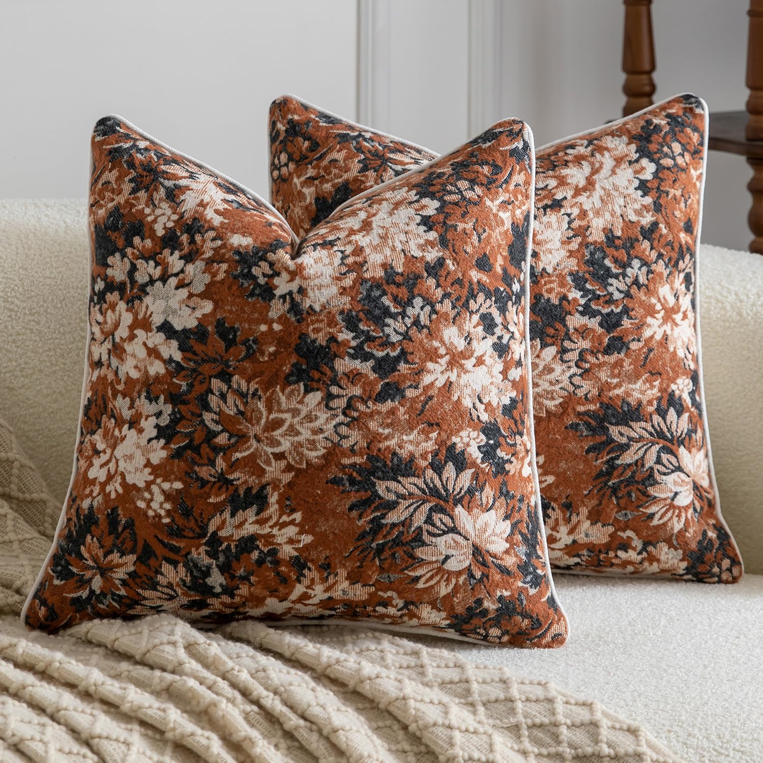 Madizz Pack of 2 Decorative Cushion Covers 50x50 cm Charcoal Terracotta Vintage Floral Throw Pillows Soft Solid Jacquard Pillow Covers for Couch Sofa Bedroom Living Room