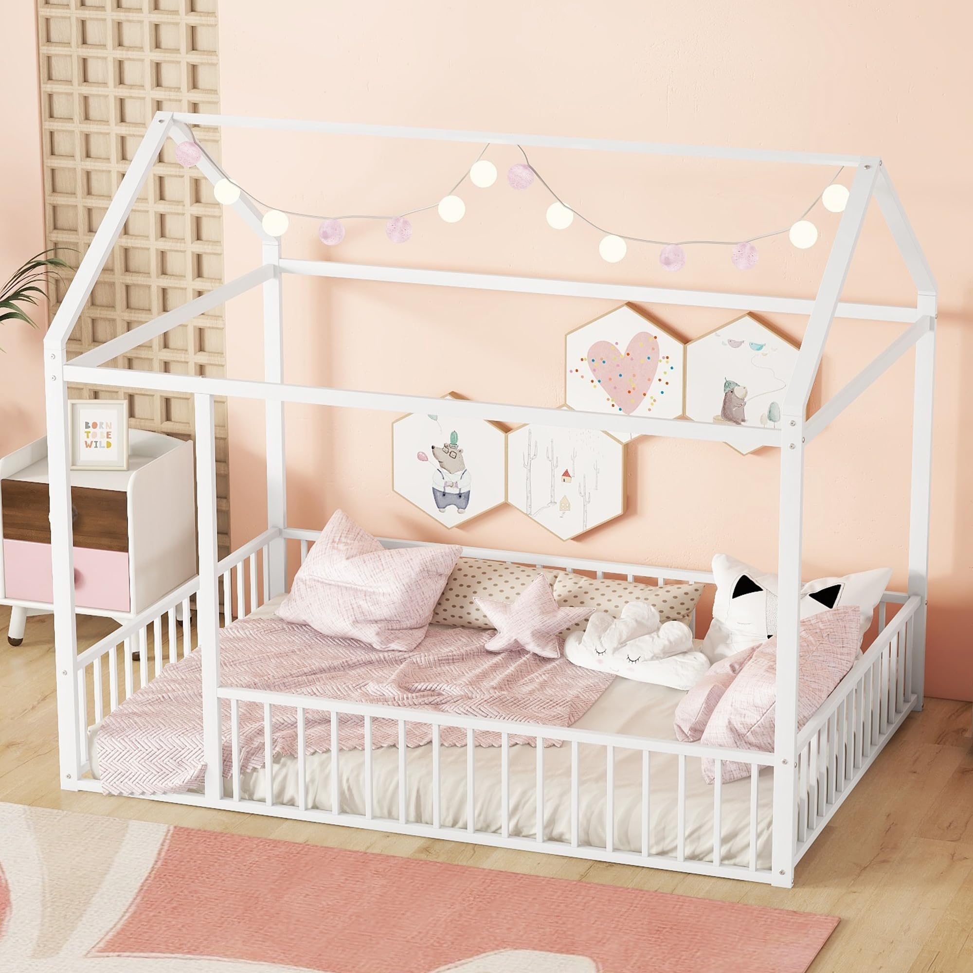 Bellemave Full Size Montessori Floor Bed, Metal House Bed Frame, House Floor Bed for Kids, Montessori Floor Bed with Fence, Playhouse for Kids, White