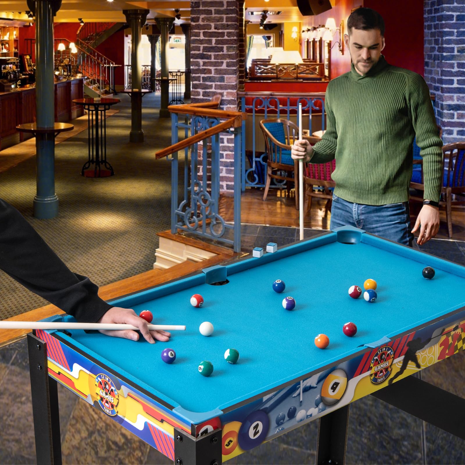 GYMAX Tavolo da Gioco 12-in-1 Combinato, Tavolo Multi-Gioco da 121 cm con Calcetto, Biliardo, Ping Pong, Hockey, Bowling, Shuffleboard e Altro Ancora, Set Tavolo Combo per Bambini e Adulti