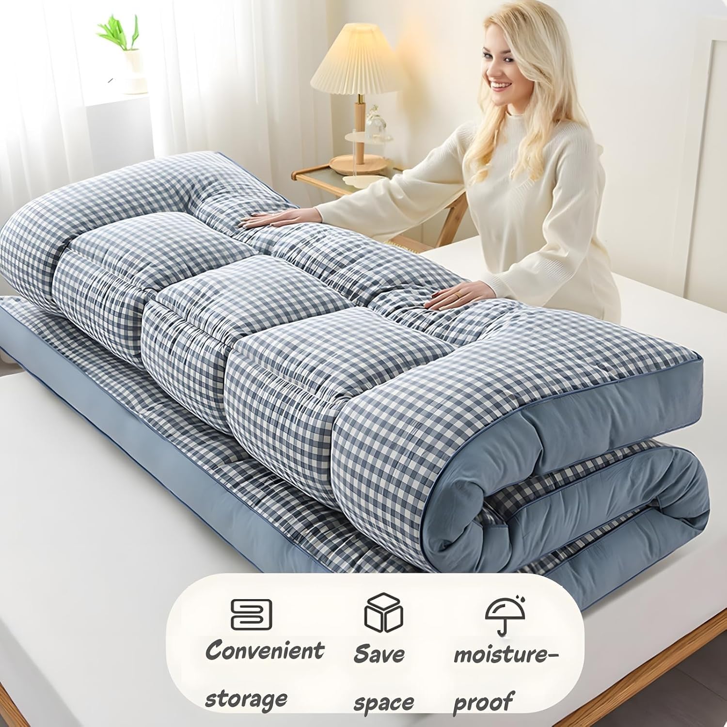 Matelas Futon Japonais Épais et Confortable, Tapis de Couchage, Tatami for Dortoir, Chambre ou Chambre d'amis(Black Plaid,90x200cm)