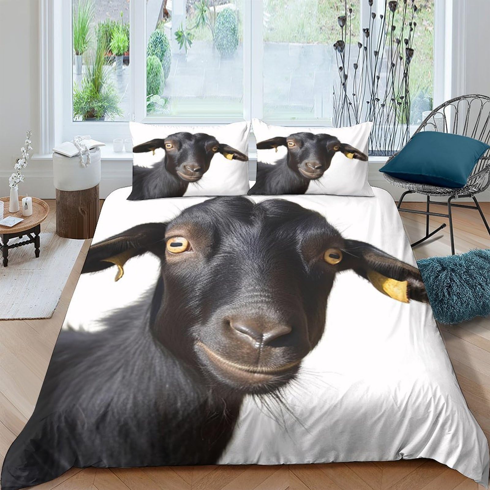 TUFRTGYHN 3D Printed Black Goat Duvet Cover Microfiber Soft Breathable Farm Animal Quilt Cover Set with 2 Pillowcases Bedroom Decor Single（135x200cm）