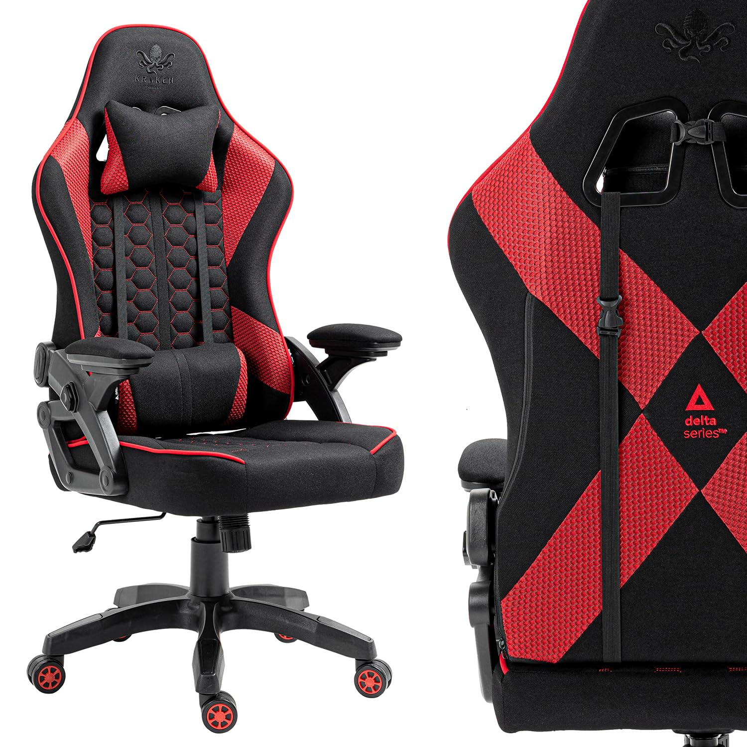 KRAKEN CHAIRS Fabric Gaming Chair Ergonomic Office Chair Adjustable Height Swivel Armchair Armrest Adjustable Lumbar Cushion Black-Red