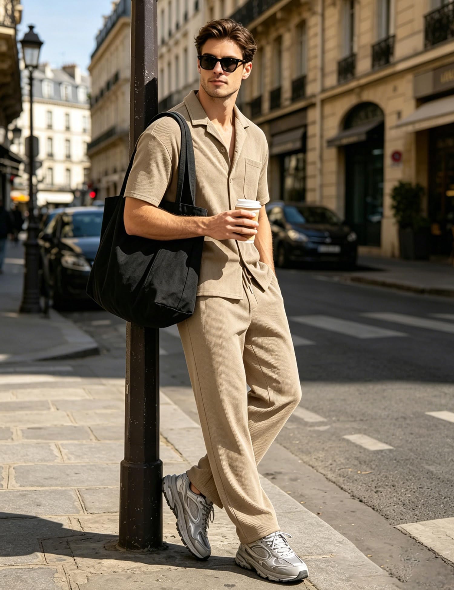 UOUA Herren Sommer 2-teiliges Set Kurzarm Hemd & lockere Hose Lässiges Strandurlaub-Outfit mit Streifen-Optik