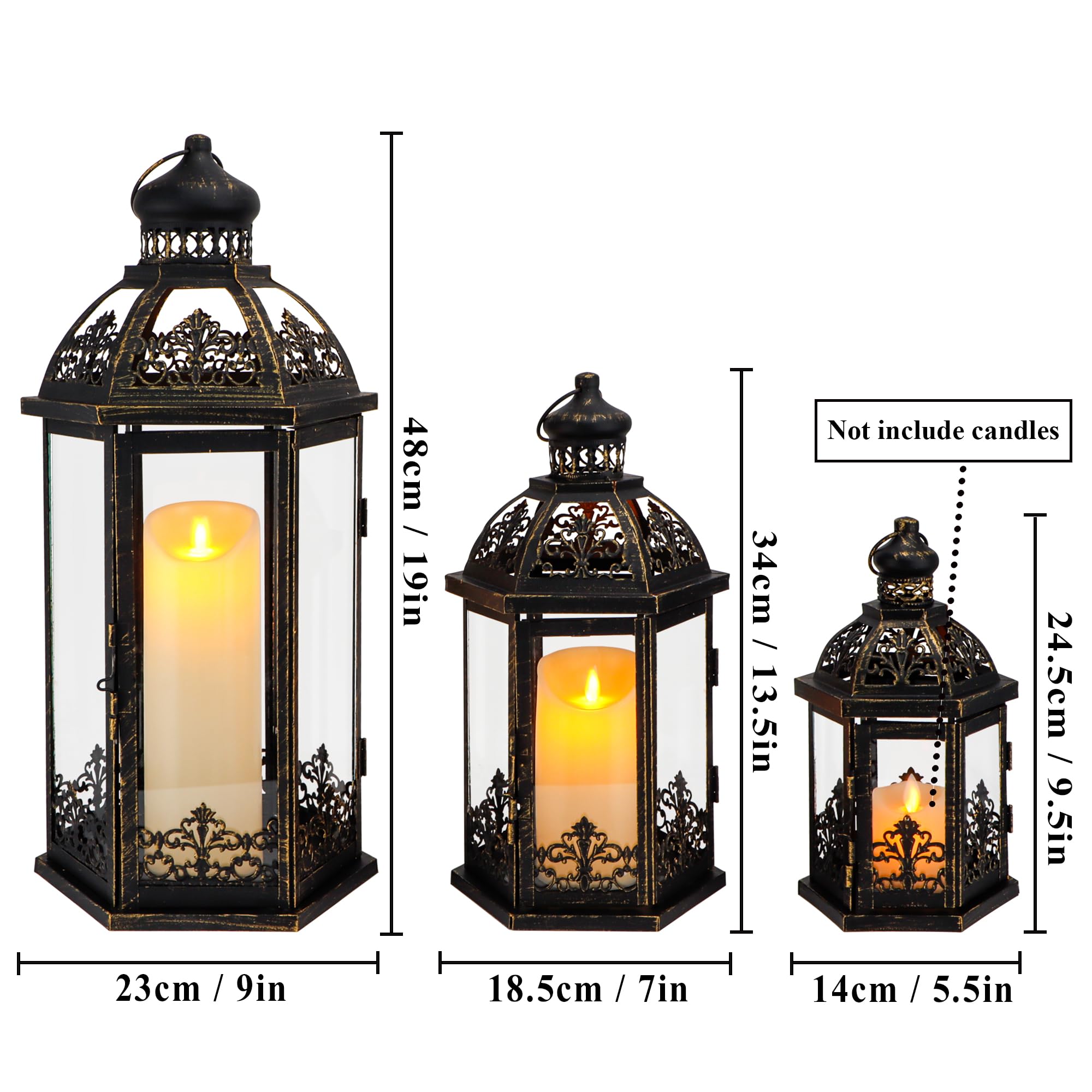 TRIROCKS Lot de 3 lanternes à bougie décoratives en métal noir parfaites pour jardin, cour, terrasse