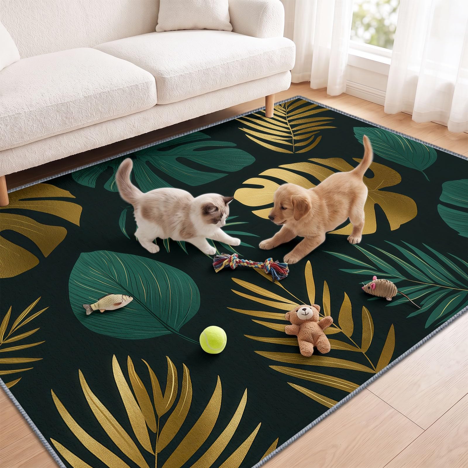 Générique Feuille De Palmier Tapis de Salon Lavable 140x200 cm， Tropical Noir Et Or - Antidérapant et Lavable en Machine - Poils Courts - Douce - pour Salon, Chambre ou Bureau