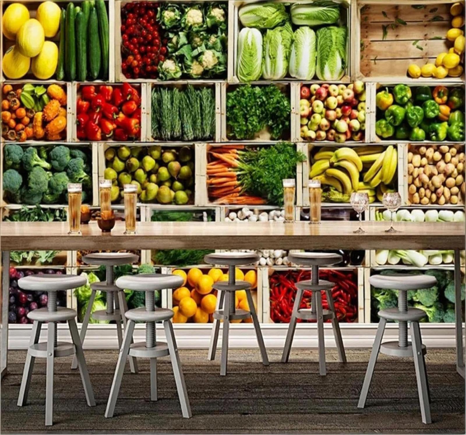 XLMING Fresh Fruit Vegetables Greengrocer’S Poster 3D Wallpaper Silky Texture Home Study Office Grey Dining Room Sofa Bedroom Living Room TV Backdrop-300cm×210cm