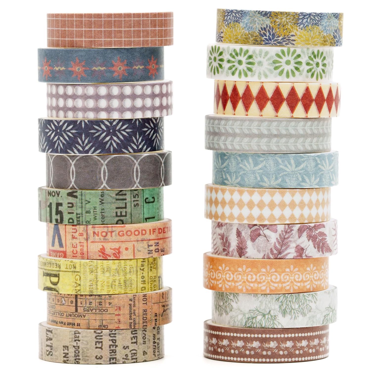 Songdao 20 Rolls Thin Basic Patterns Washi Tape Set Skinny Masking Creative Decorative Tapes for Arts DIY Crafts, Journals