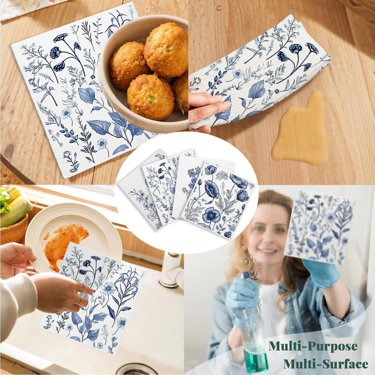 Paños de cocina suecos de flores de primavera para cocina, paños de limpieza suecos azules para flores, toallas de papel reutilizables de papaya, paquete de 4 paños de cocina para cocina,
