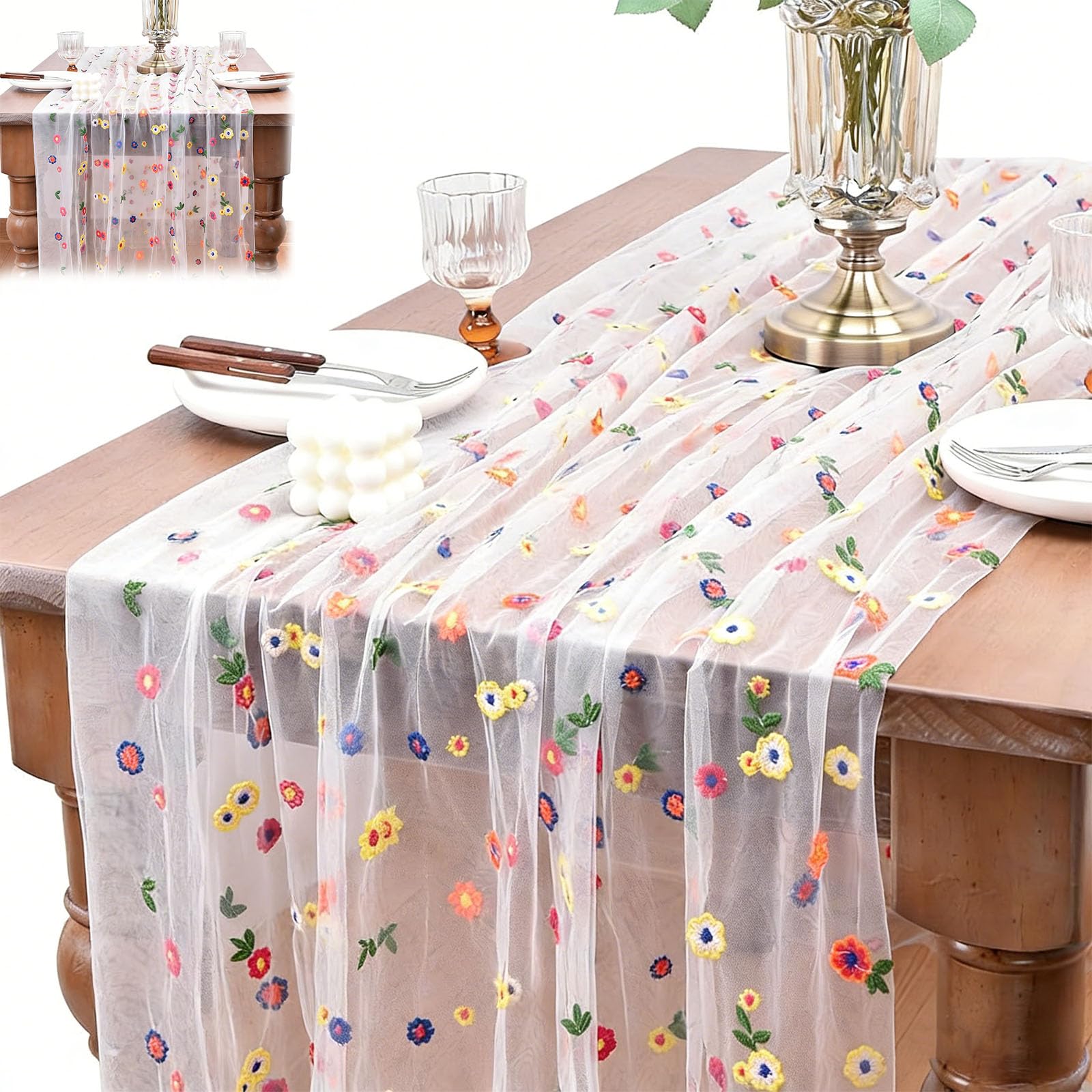 LEBKFT Embroidery Flowers Gauze Table Runner, 70x300 cm Spring Flower Table Decoration Boho Tulle Table Cover for Wedding Holiday Birthday Party Home Kitchen Dining (White)