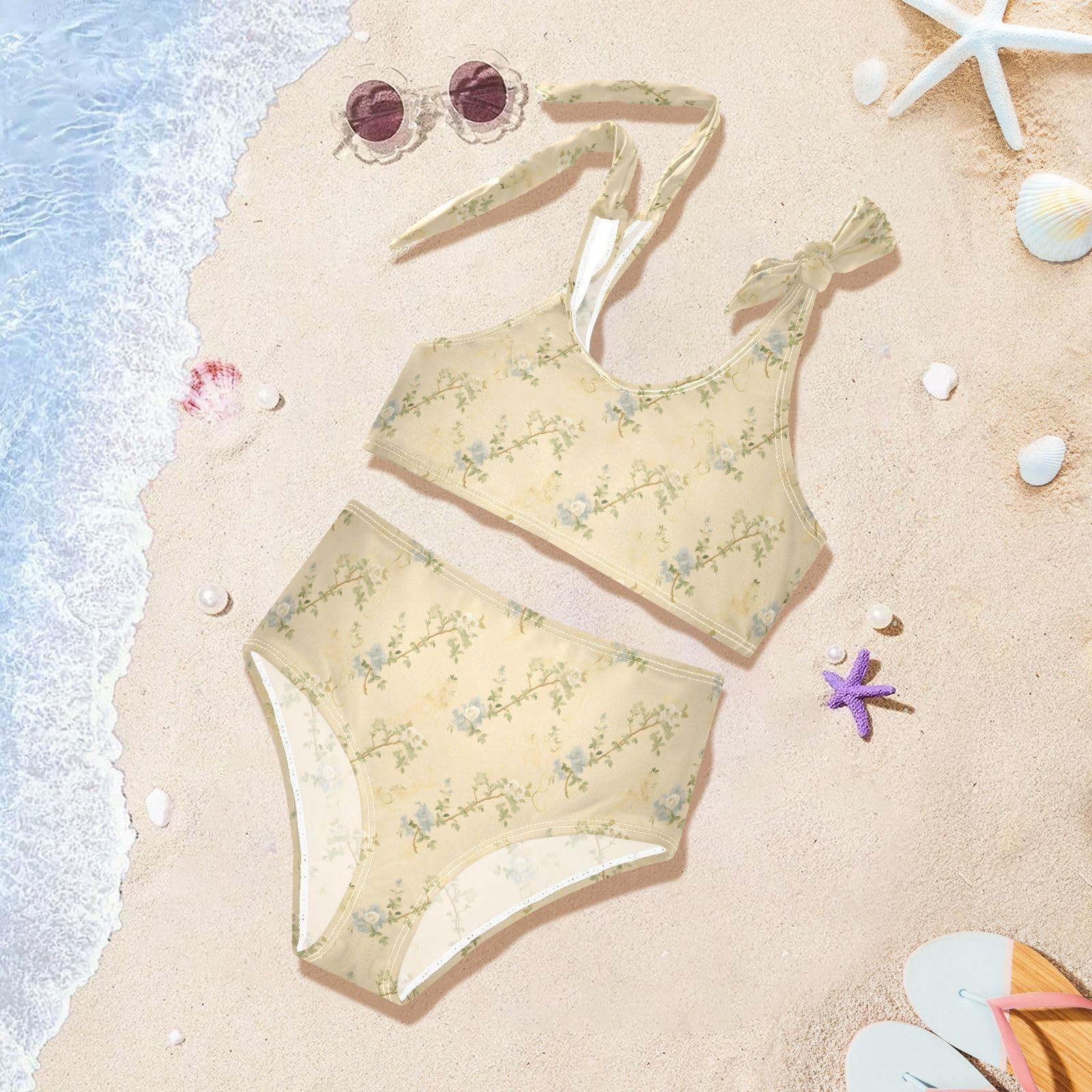 Flower Pattern Girls Two Piece Tankini Swimsuits Summer Bathing Suit Beach Swimwear Set, 9-10T Multicoloured
