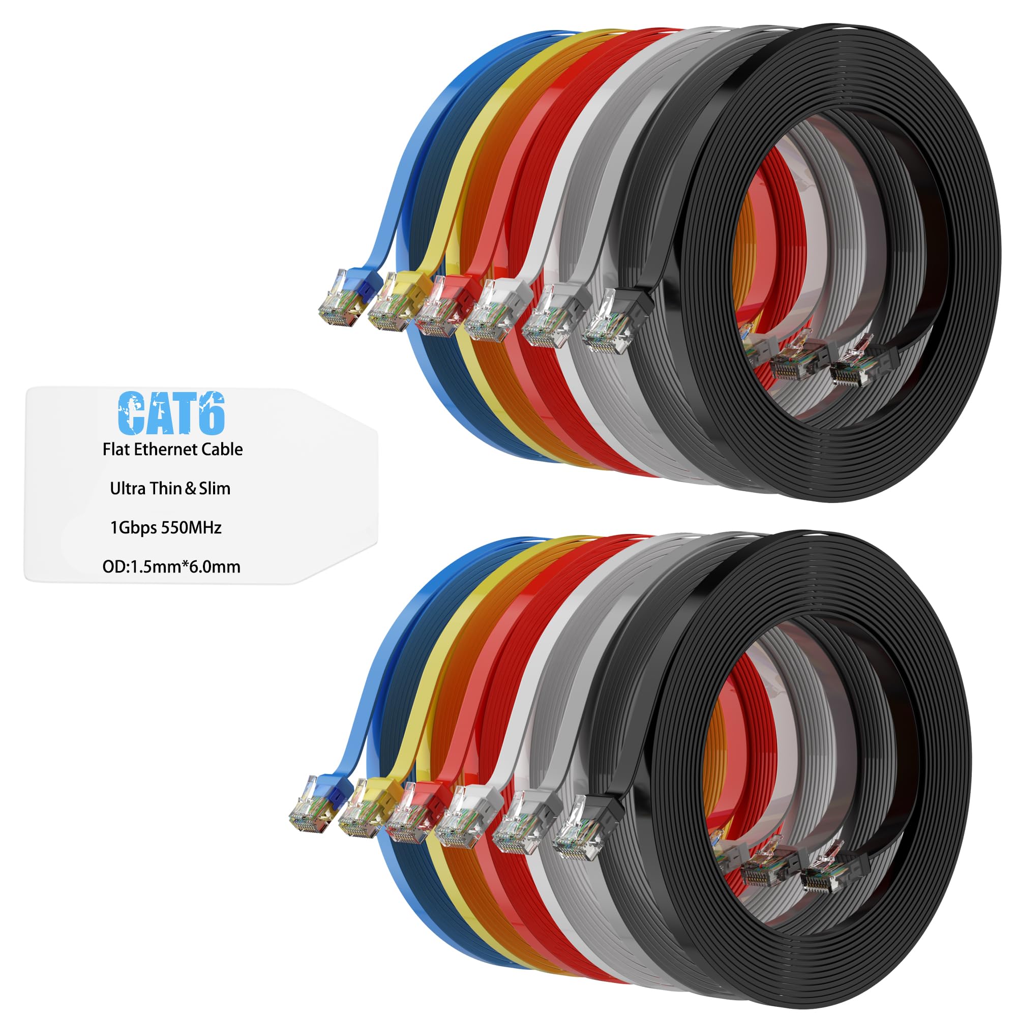 Mygatti Flach Cat 6 Ethernet kabel 2m/12 Stück,Internet-Netzwerkkabel mit kompaktem RJ45 Anschluss,dünnes,schlankes,flexibles,kurzes Patchkabel,POE,UTP,für Router Modem-mehrfarbig