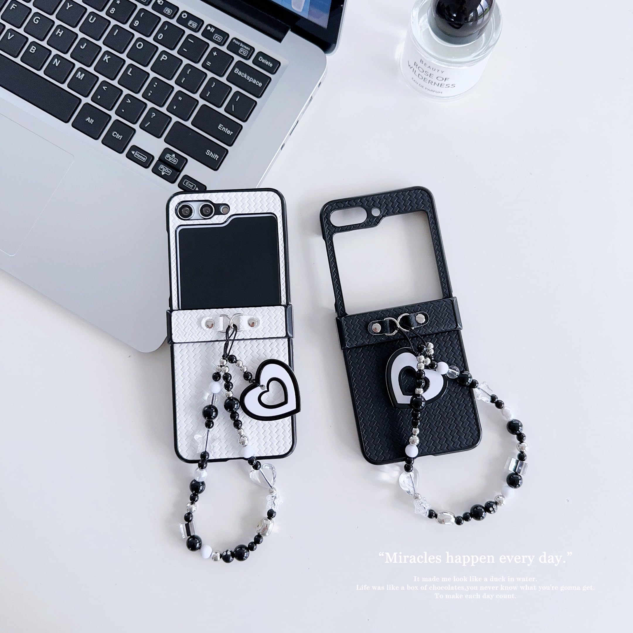 casafyne for Samsung Galaxy Z Flip 5 Case with Heart Theme Phone Charm, Classical Folding PU Leather Slim Shockproof Cover for Samsung Z Flip 5 (Love White)