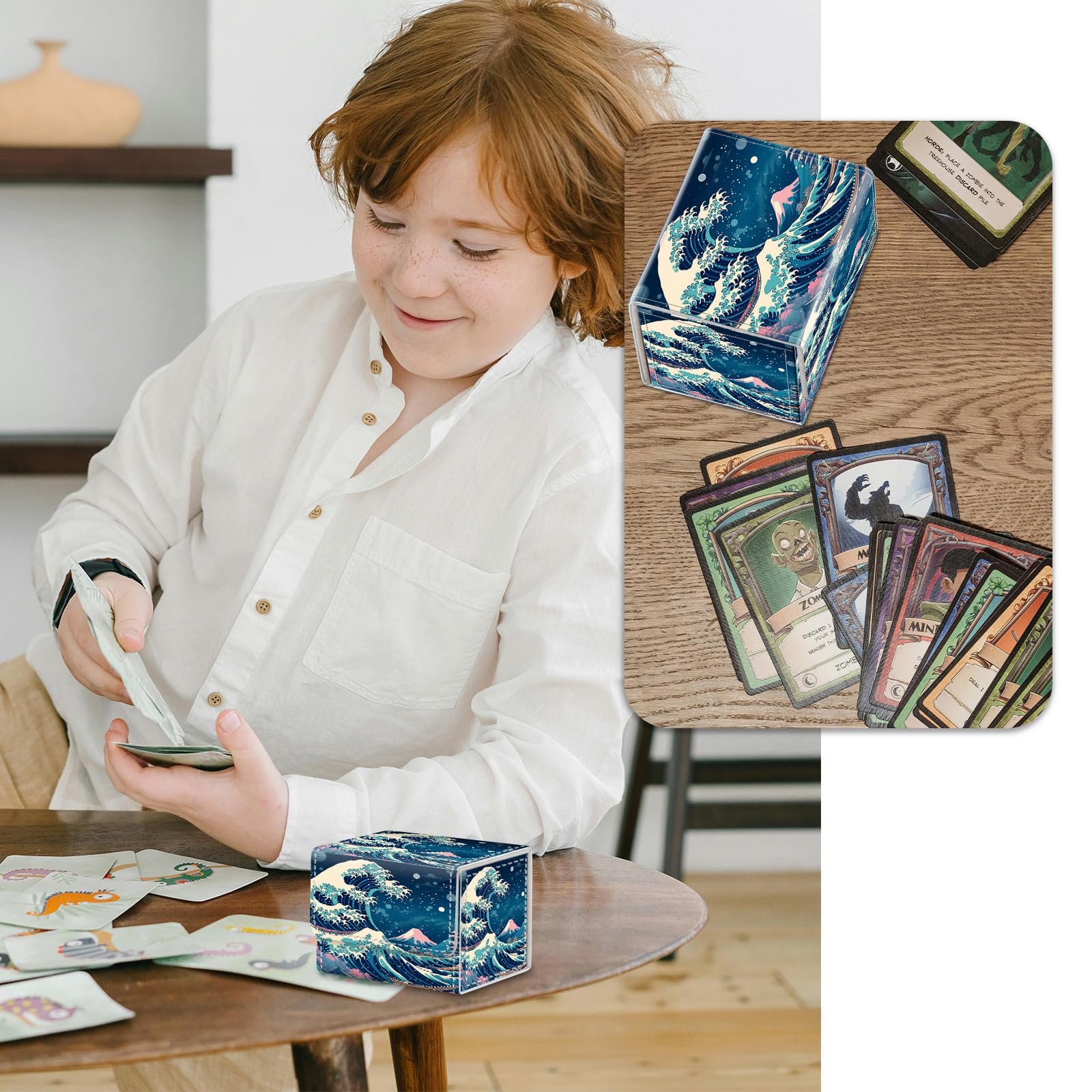 Scatola per carte con magnete forte, scatola per carte da gioco, scatola magica TCG fino a 200 carte, motivo creativo, per giochi di carte collezionabili, onde blu